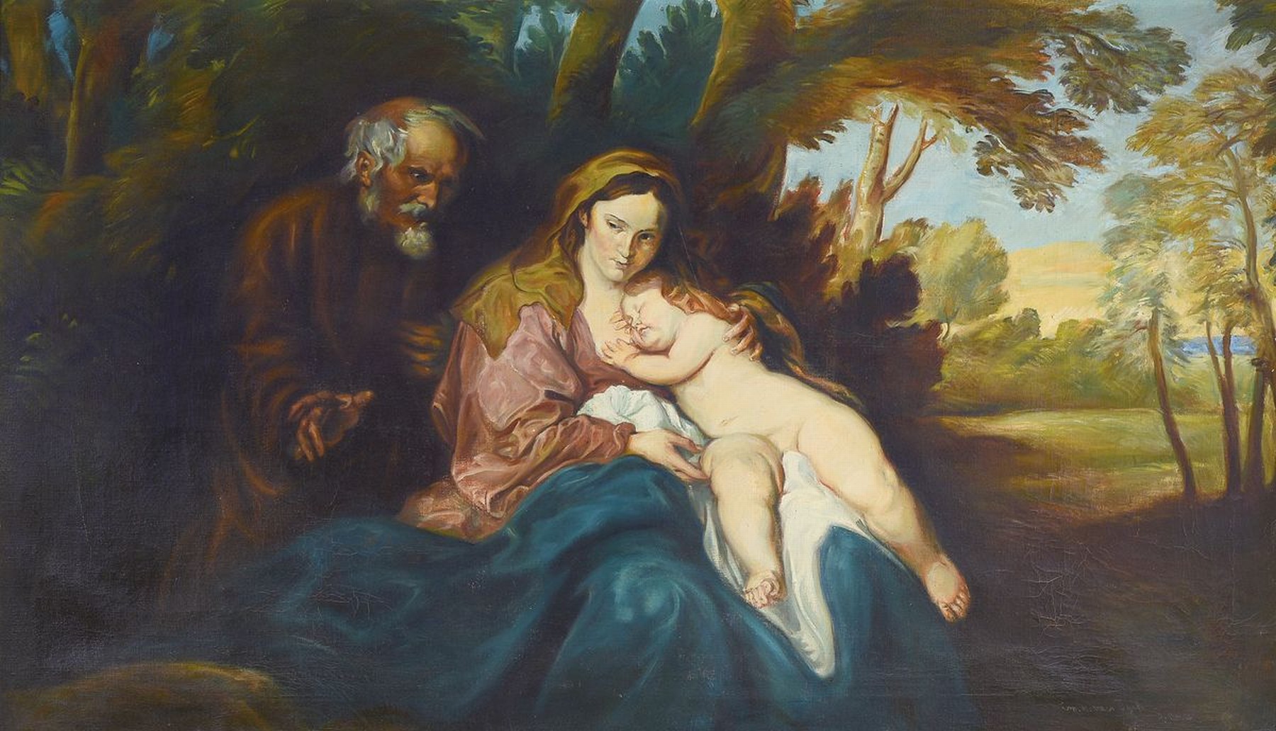 Unbekannter Kopist nach einer Vorlage von Anthonis van Dyck, um 1900, Heilige Familie, Öl/Lwd, ca. 70 x 120 cm, Rahmen mit Echtvergoldung, leichte ...