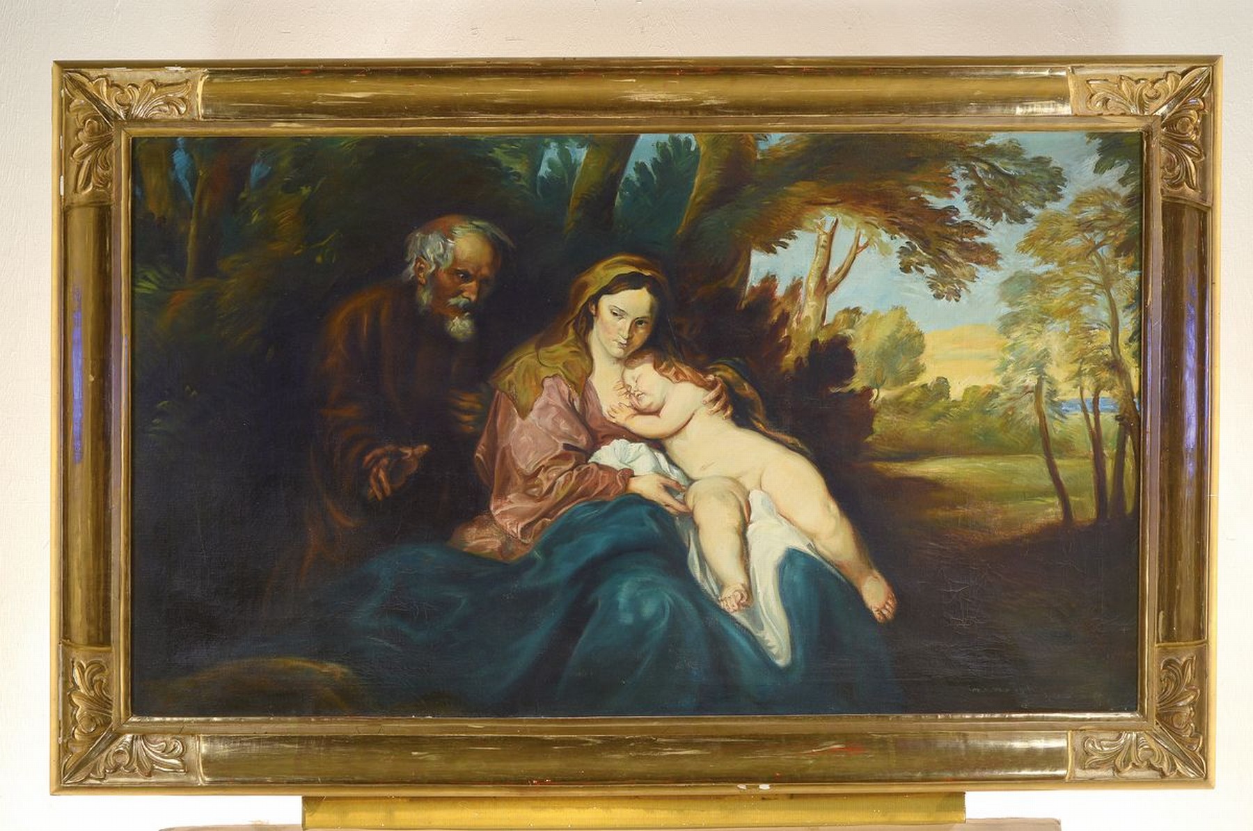 Detail k: Unbekannter Kopist nach einer Vorlage von Anthonis van Dyck, um 1900, Heilige Familie, Öl/Lwd, ca. 70 x 120 cm, Rahmen mit Echtvergoldung, leichte ...