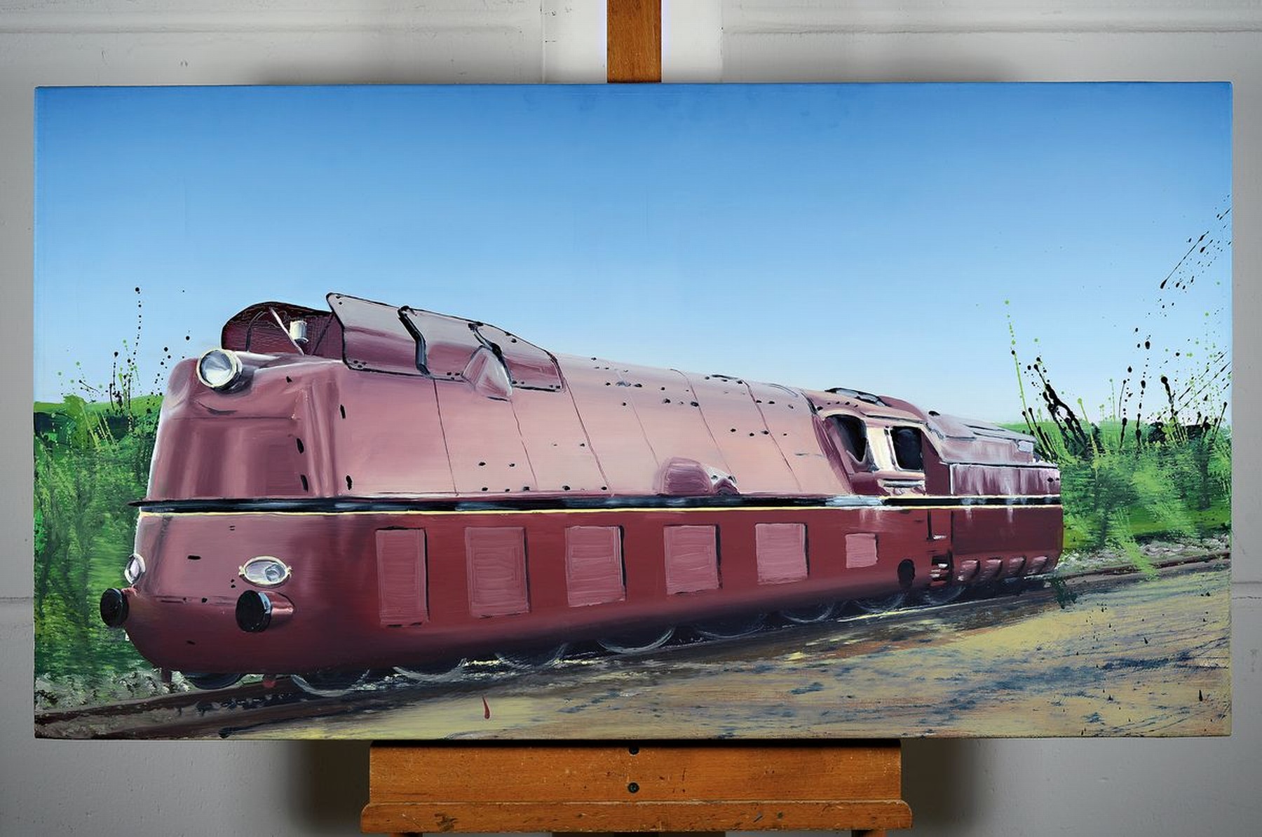 Detail k: Unbekannter Künstler, 2. Hälfte 20. Jh., Darstellung einer Stromlinienlokomotive Typ BR 05 001, Acryl/Lwd, unsign., ca. 62 x 109 cm