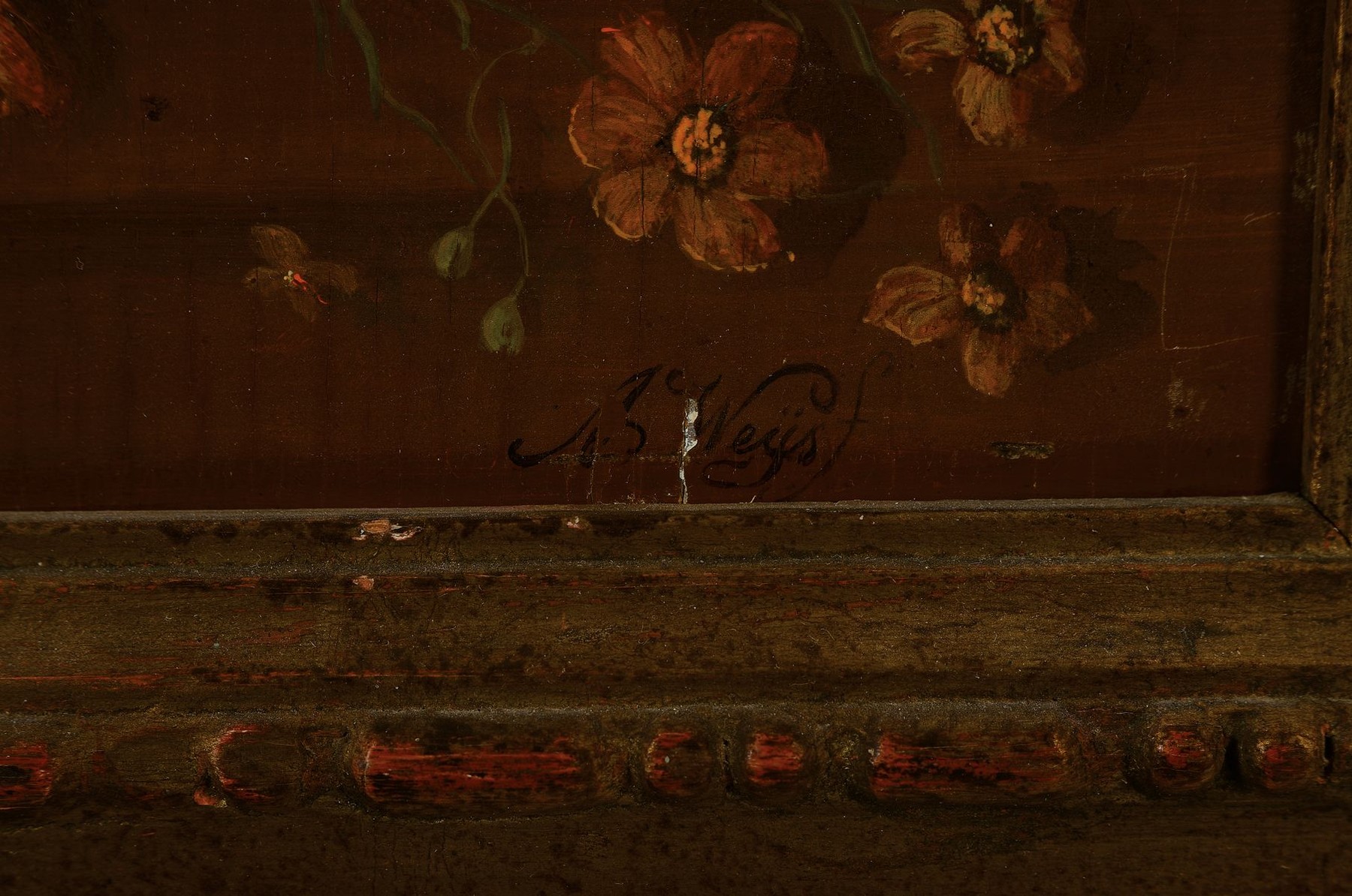 Detail a: Anton Weiss, 1801 Falkenau-1851 Böhmisch Leipa, Üppiges Blumenstillleben, Öl/Holz, rechts unten signiert, mit Oberflächen- und Altersschäden, ...