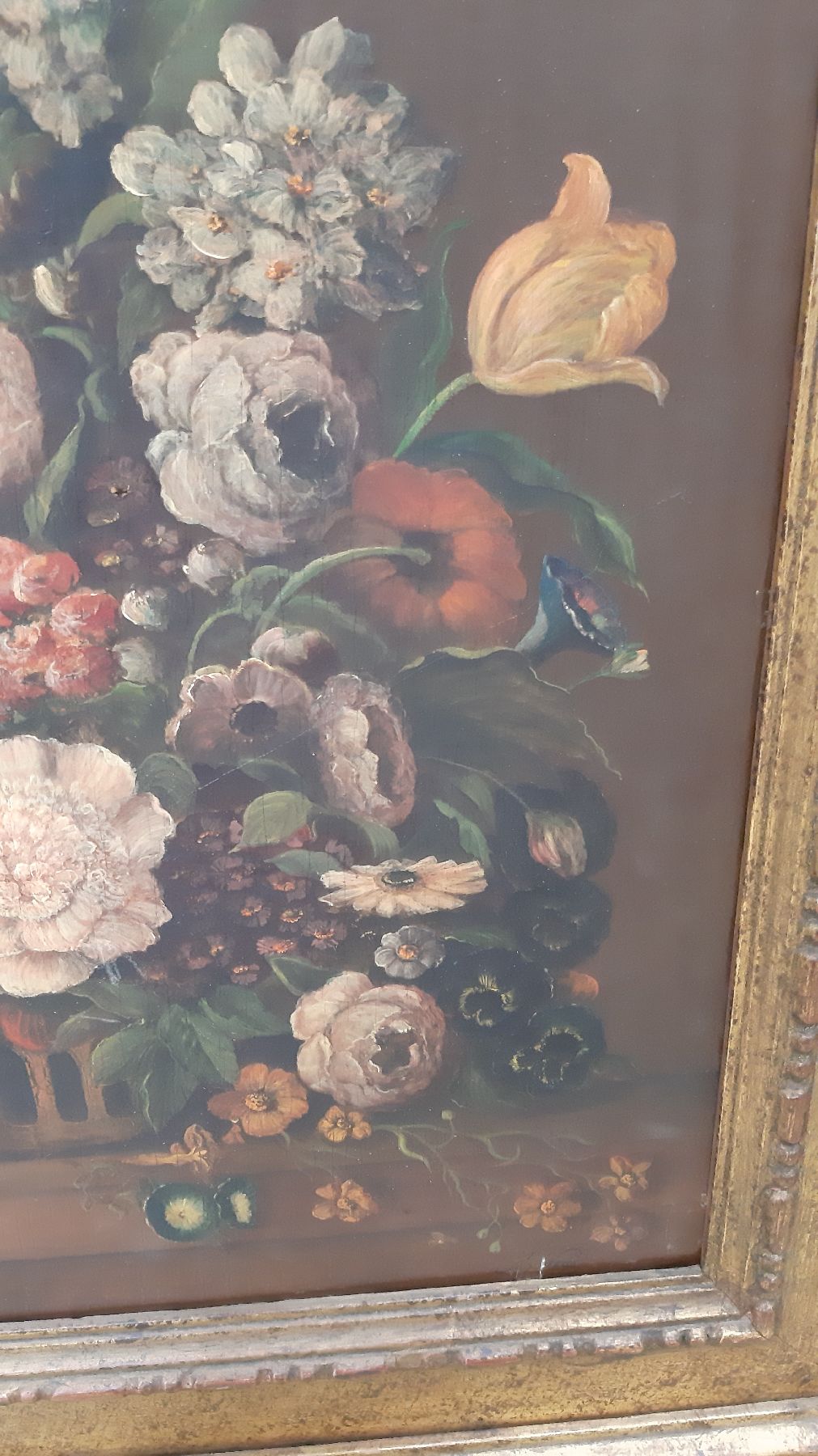 Detail d: Anton Weiss, 1801 Falkenau-1851 Böhmisch Leipa, Üppiges Blumenstillleben, Öl/Holz, rechts unten signiert, mit Oberflächen- und Altersschäden, ...