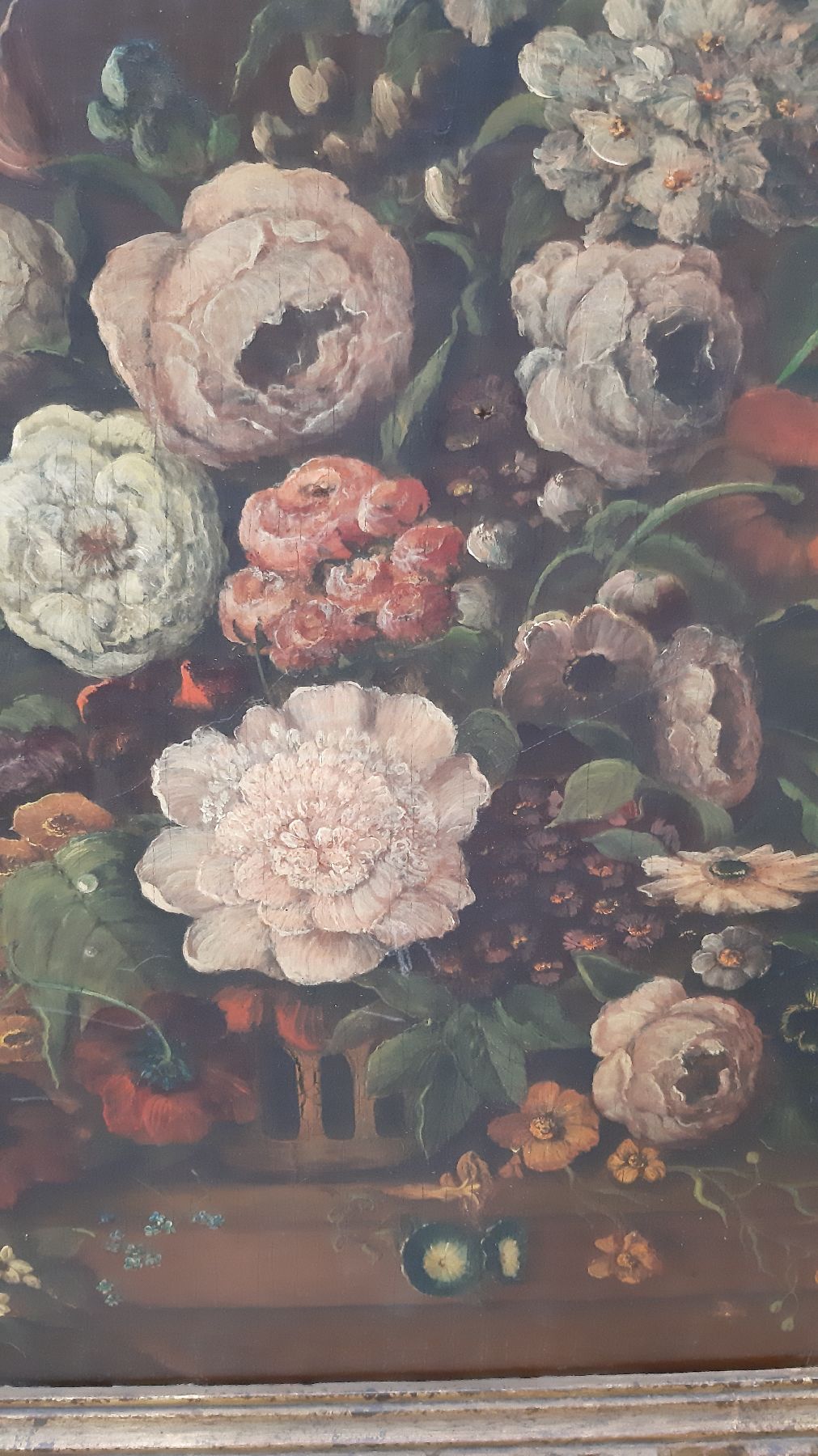 Detail e: Anton Weiss, 1801 Falkenau-1851 Böhmisch Leipa, Üppiges Blumenstillleben, Öl/Holz, rechts unten signiert, mit Oberflächen- und Altersschäden, ...
