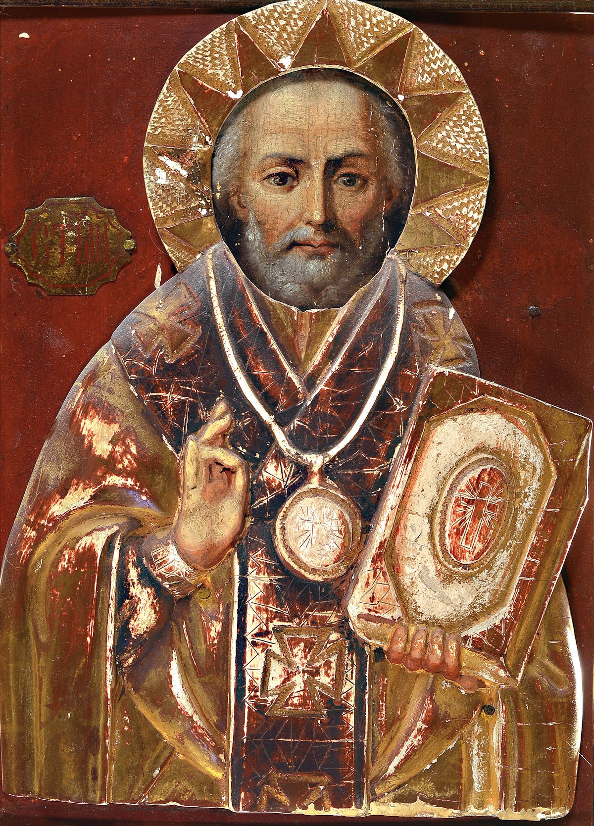 Ikone, Bulgarien oder Rumänien, um 1900, Hl. Nikolaus, Tempera auf Holz, Gewand gestuckt und aufgesetzt, Goldstaffage, ca. 39x28cm