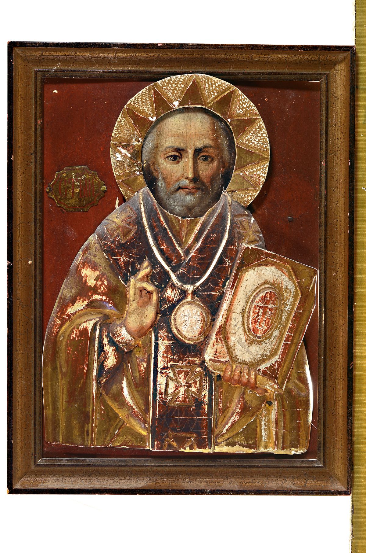 Detail k: Ikone, Bulgarien oder Rumänien, um 1900, Hl. Nikolaus, Tempera auf Holz, Gewand gestuckt und aufgesetzt, Goldstaffage, ca. 39x28cm