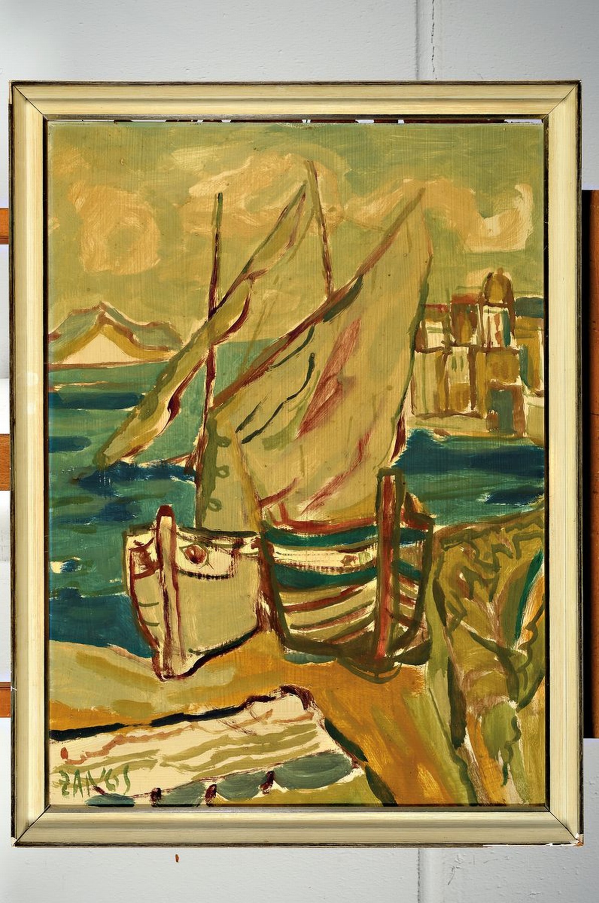 Detail k: Herbert Zangs, 1924-2003, Blick in einen südlichen Hafen, Öl/Malkarton, links unten signiert, ca. 62x45cm