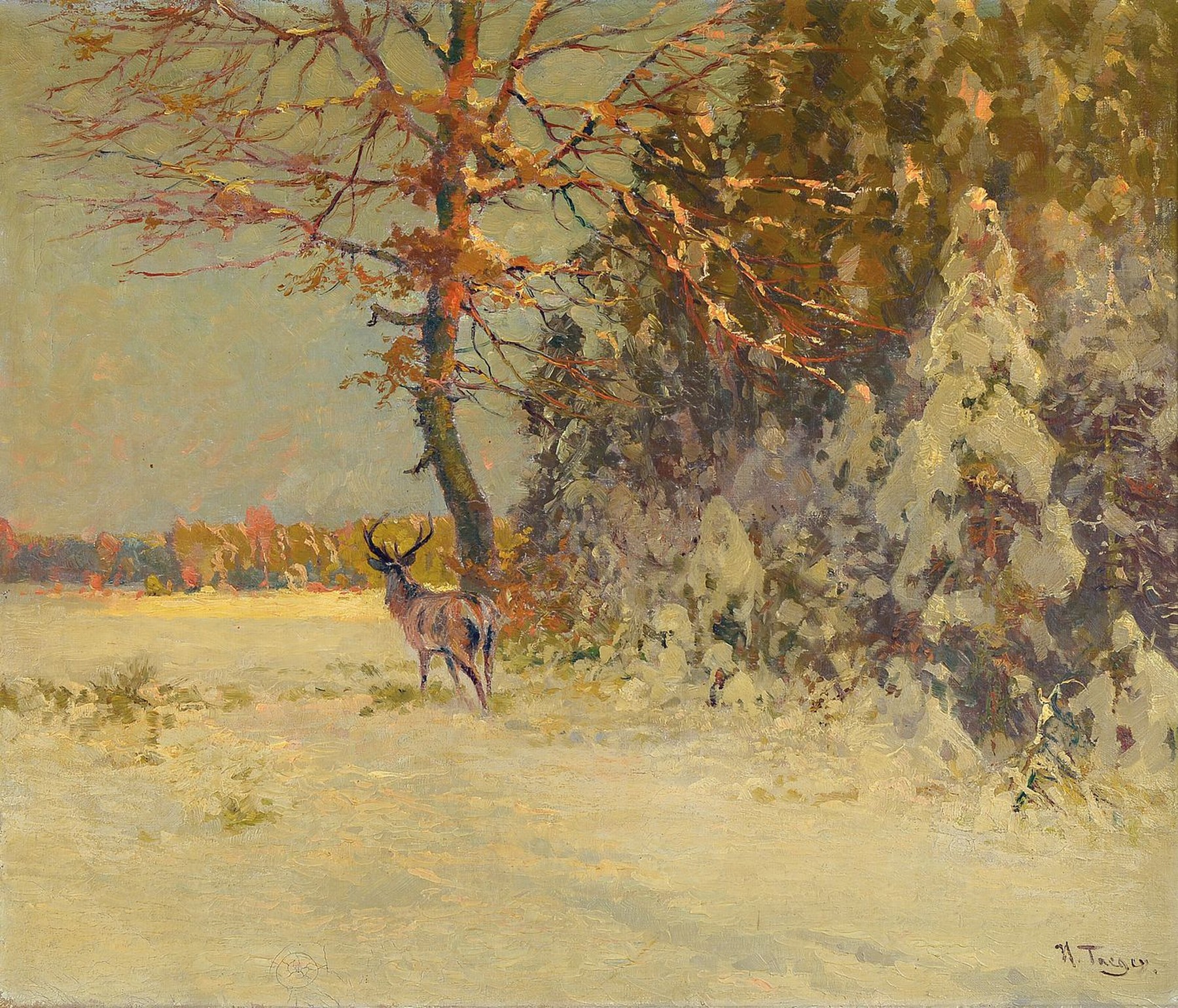 Karl Hans Taeger, 1856 Neustadt/Sachsen - 1937 Lagebrück, Maler und Lehrer an der Kunstakademie Dresden, verschneite Winterlandschaft mit Hirsch, ...