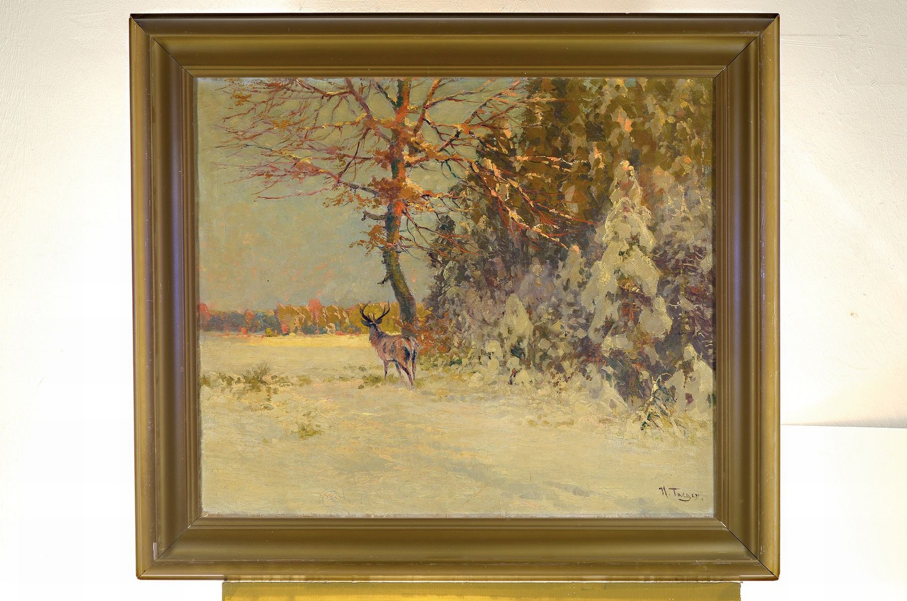 Detail k: Karl Hans Taeger, 1856 Neustadt/Sachsen - 1937 Lagebrück, Maler und Lehrer an der Kunstakademie Dresden, verschneite Winterlandschaft mit Hirsch, ...