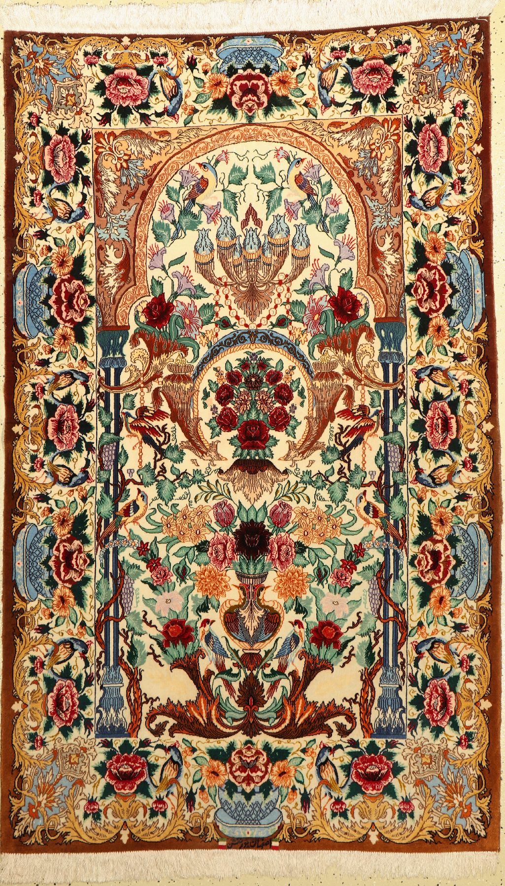 Esfahan fein Signiert, Persien, ca. 50 Jahre, Korkwolle mit und auf Seide, ca. 190 x 115 cm, ca. 1,0 Mio. Kn/qm, (fachkundig gereinigt), EHZ: 2