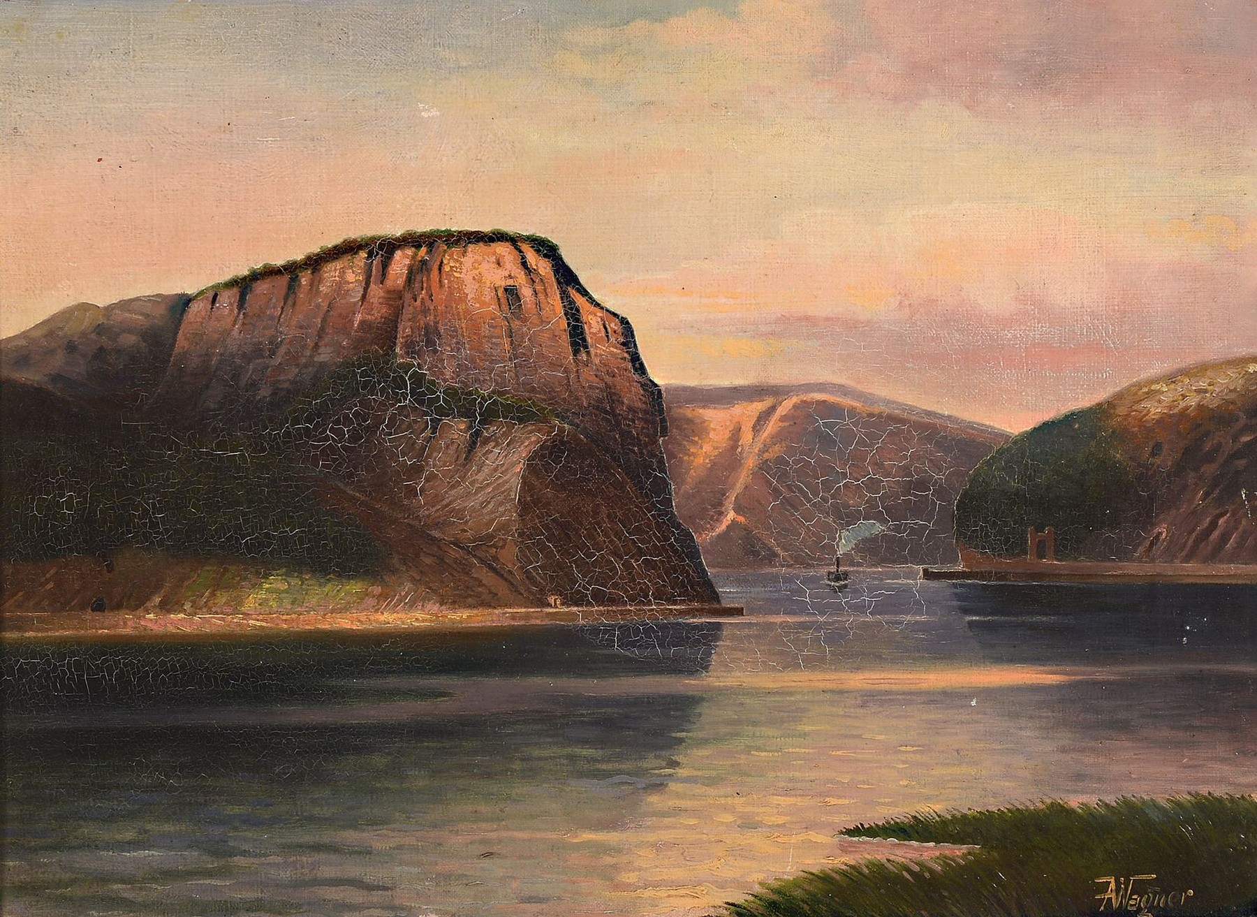 A. Wagner, deutscher Maler der 1930er Jahre, Fjordlandschaft mit Dampfschiff im Abendrot, Öl/Lwd, rechts unten signiert, altersbedingt krakeliert, ...