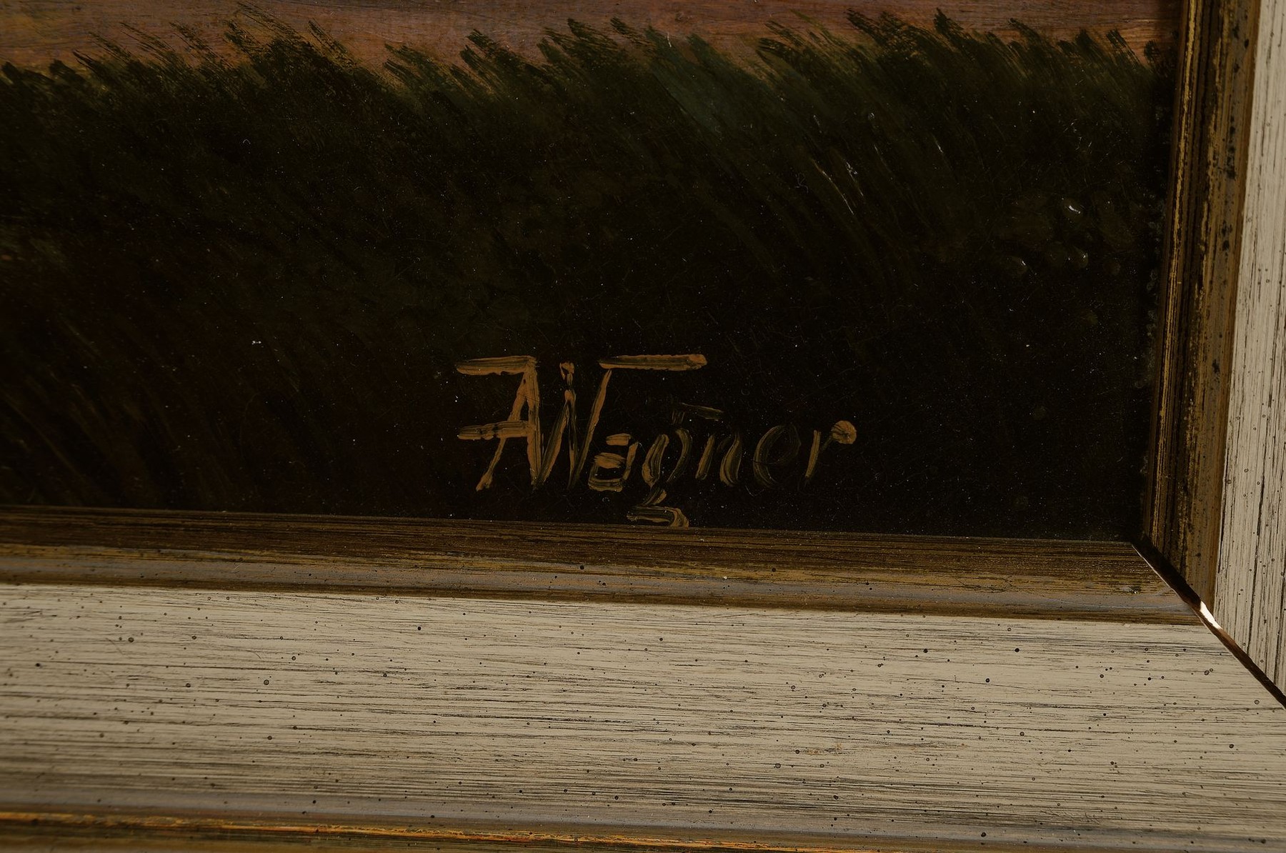 Detail a: A. Wagner, deutscher Maler der 1930er Jahre, Fjordlandschaft mit Dampfschiff im Abendrot, Öl/Lwd, rechts unten signiert, altersbedingt krakeliert, ...
