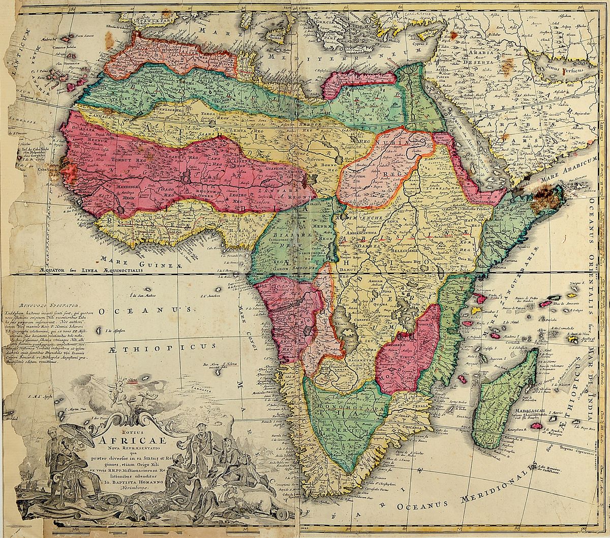 Zwei Kupferstichkarten mit Ansichten von Afrika, 17. und 18. Jh., 1. Johann Babtista Homann, beschnitten und Kolorierung z.T. später, ca. 48 x 54 ...