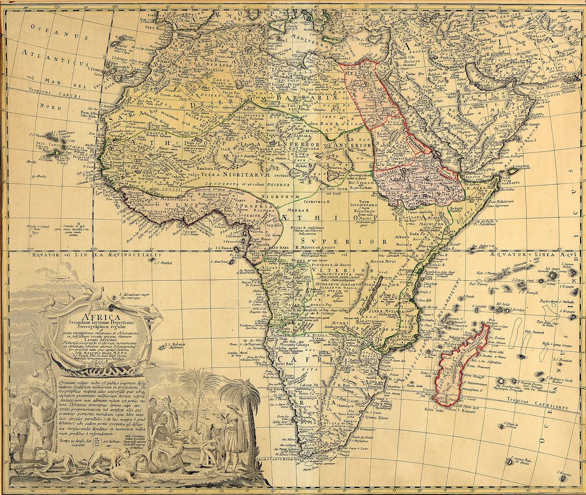 Detail c: Zwei Kupferstichkarten mit Ansichten von Afrika, 17. und 18. Jh., 1. Johann Babtista Homann, beschnitten und Kolorierung z.T. später, ca. 48 x 54 ...