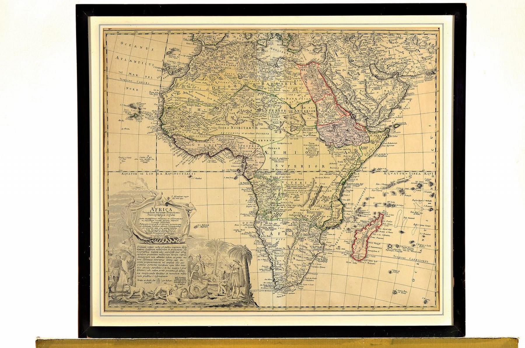 Detail n: Zwei Kupferstichkarten mit Ansichten von Afrika, 17. und 18. Jh., 1. Johann Babtista Homann, beschnitten und Kolorierung z.T. später, ca. 48 x 54 ...