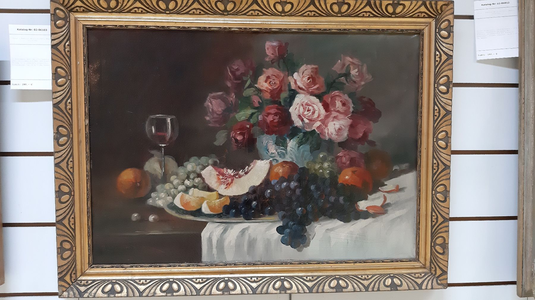 J. Horstmann, wohl Jan 1910 Hamburg - 1982, Stillleben mit Obst und Rosen, Öl/Lwd, li.u. signiert, krakeliert, Altersspuren, ca. 50 x 70 cm, Rahmen