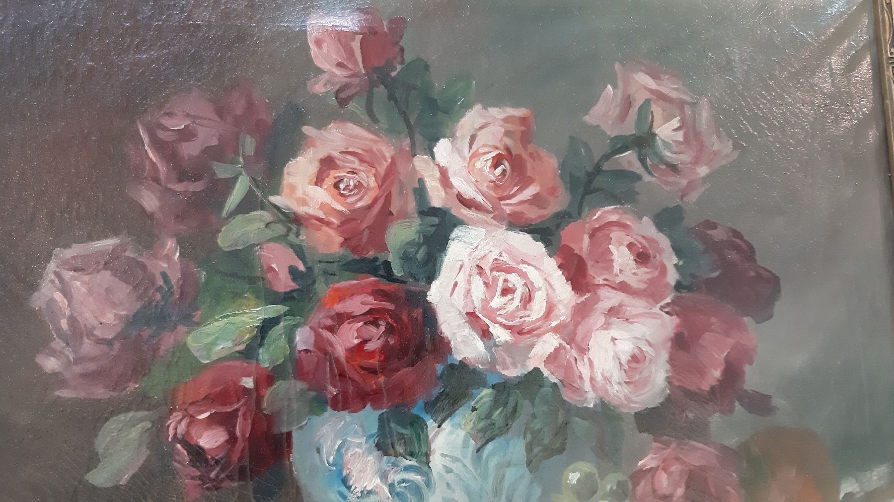 Detail a: J. Horstmann, wohl Jan 1910 Hamburg - 1982, Stillleben mit Obst und Rosen, Öl/Lwd, li.u. signiert, krakeliert, Altersspuren, ca. 50 x 70 cm, Rahmen
