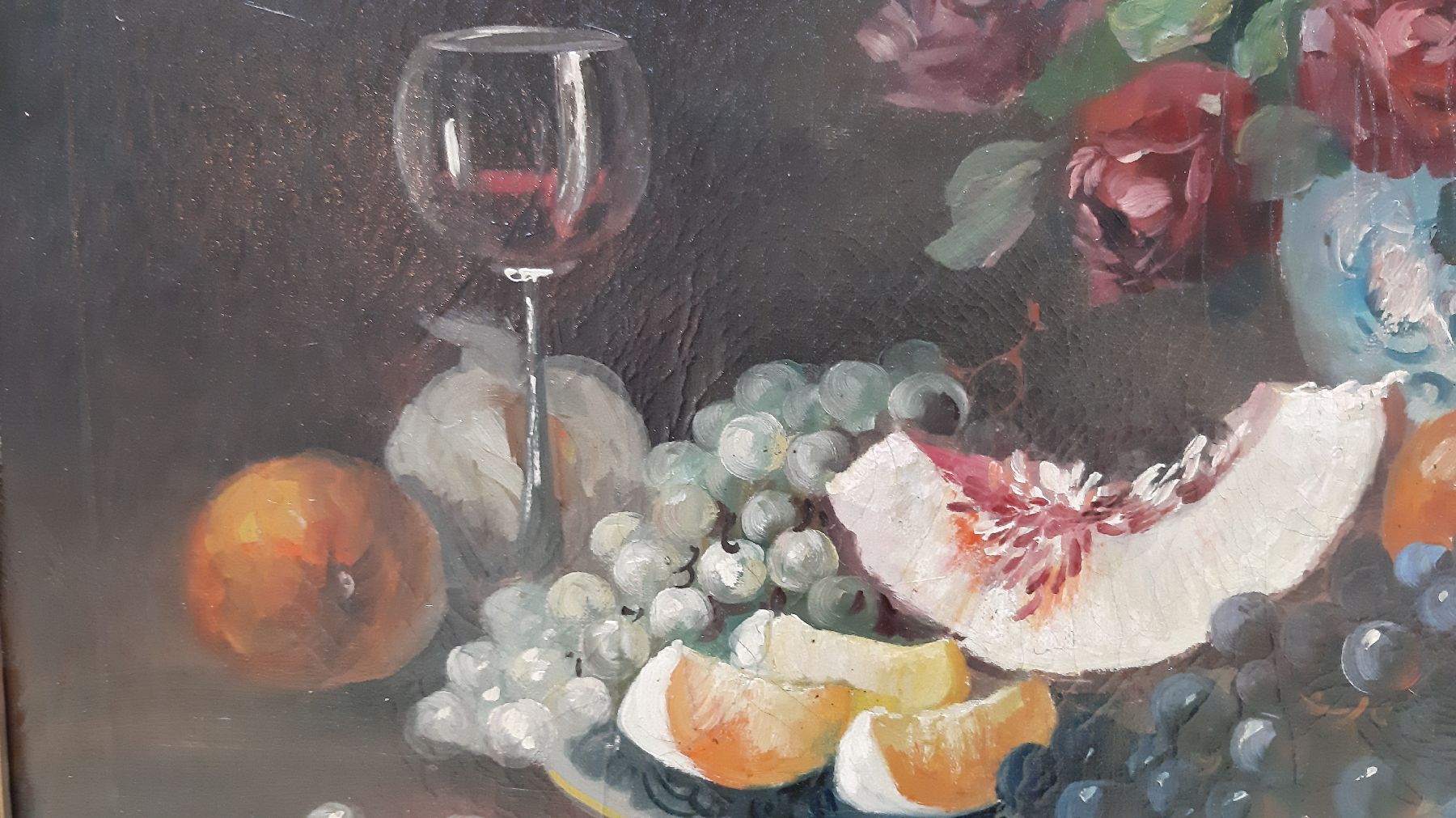 Detail b: J. Horstmann, wohl Jan 1910 Hamburg - 1982, Stillleben mit Obst und Rosen, Öl/Lwd, li.u. signiert, krakeliert, Altersspuren, ca. 50 x 70 cm, Rahmen