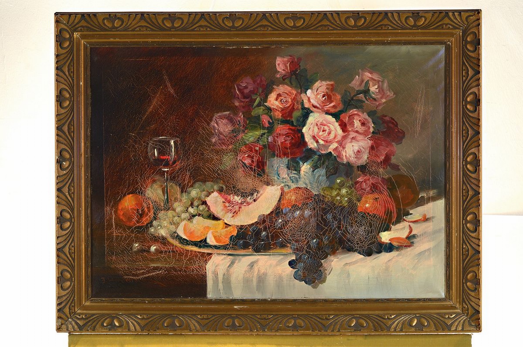 Detail k: J. Horstmann, wohl Jan 1910 Hamburg - 1982, Stillleben mit Obst und Rosen, Öl/Lwd, li.u. signiert, krakeliert, Altersspuren, ca. 50 x 70 cm, Rahmen