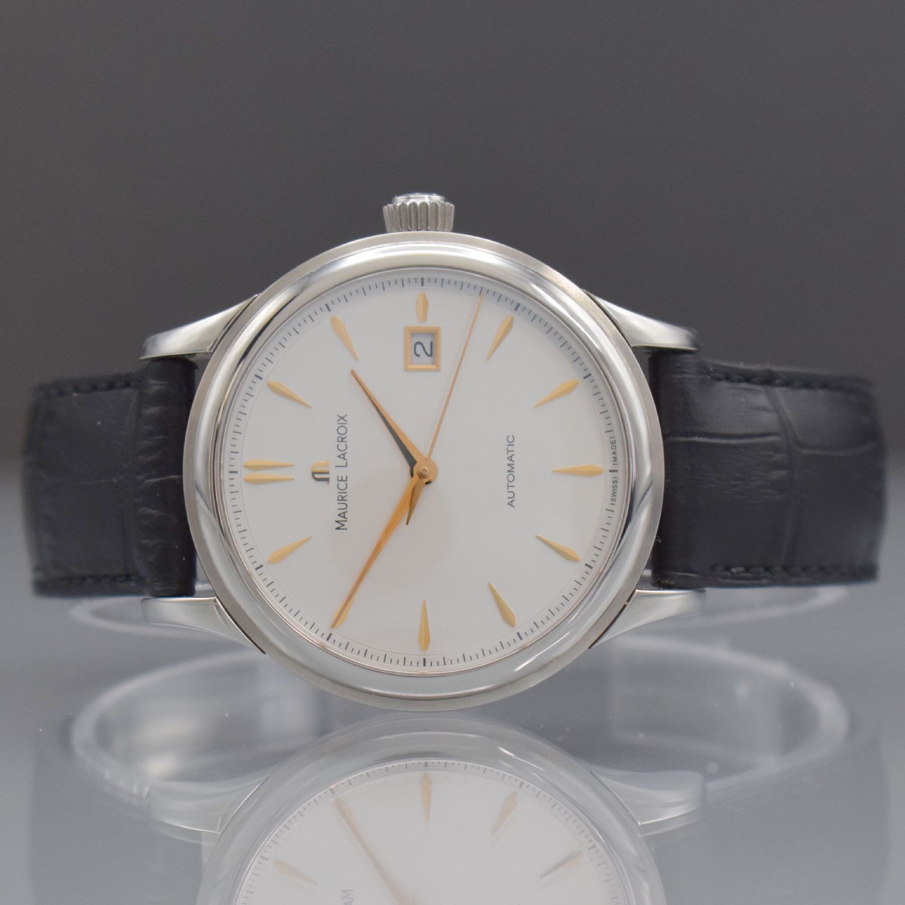 MAURICE LACROIX Herrenarmbanduhr Serie Les Classiques in Edelstahl, Automatik, Ref. LC 6098, orig. Lederband m. Faltschl., beids. vergl., Boden & ...