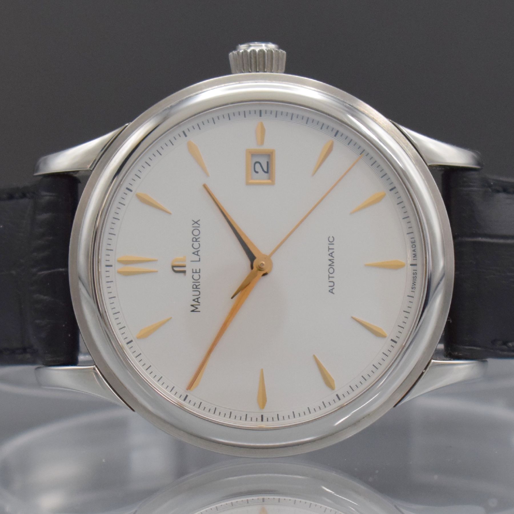 Detail a: MAURICE LACROIX Herrenarmbanduhr Serie Les Classiques in Edelstahl, Automatik, Ref. LC 6098, orig. Lederband m. Faltschl., beids. vergl., Boden & ...