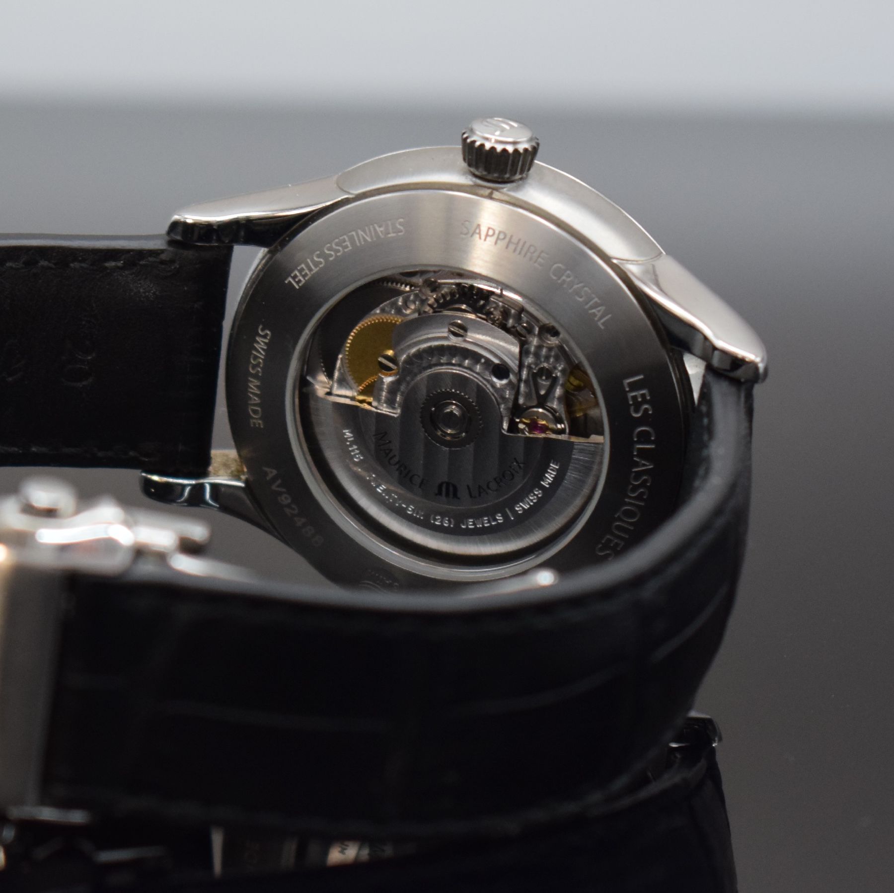 Detail c: MAURICE LACROIX Herrenarmbanduhr Serie Les Classiques in Edelstahl, Automatik, Ref. LC 6098, orig. Lederband m. Faltschl., beids. vergl., Boden & ...