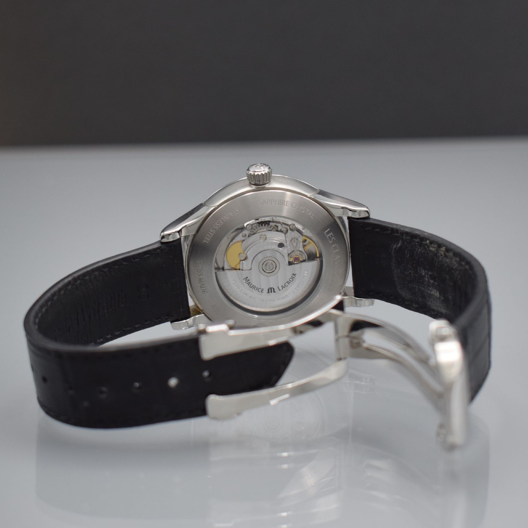 Detail d: MAURICE LACROIX Herrenarmbanduhr Serie Les Classiques in Edelstahl, Automatik, Ref. LC 6098, orig. Lederband m. Faltschl., beids. vergl., Boden & ...