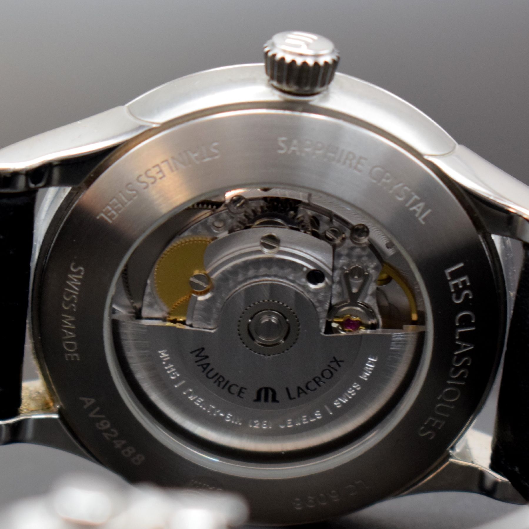 Detail h: MAURICE LACROIX Herrenarmbanduhr Serie Les Classiques in Edelstahl, Automatik, Ref. LC 6098, orig. Lederband m. Faltschl., beids. vergl., Boden & ...
