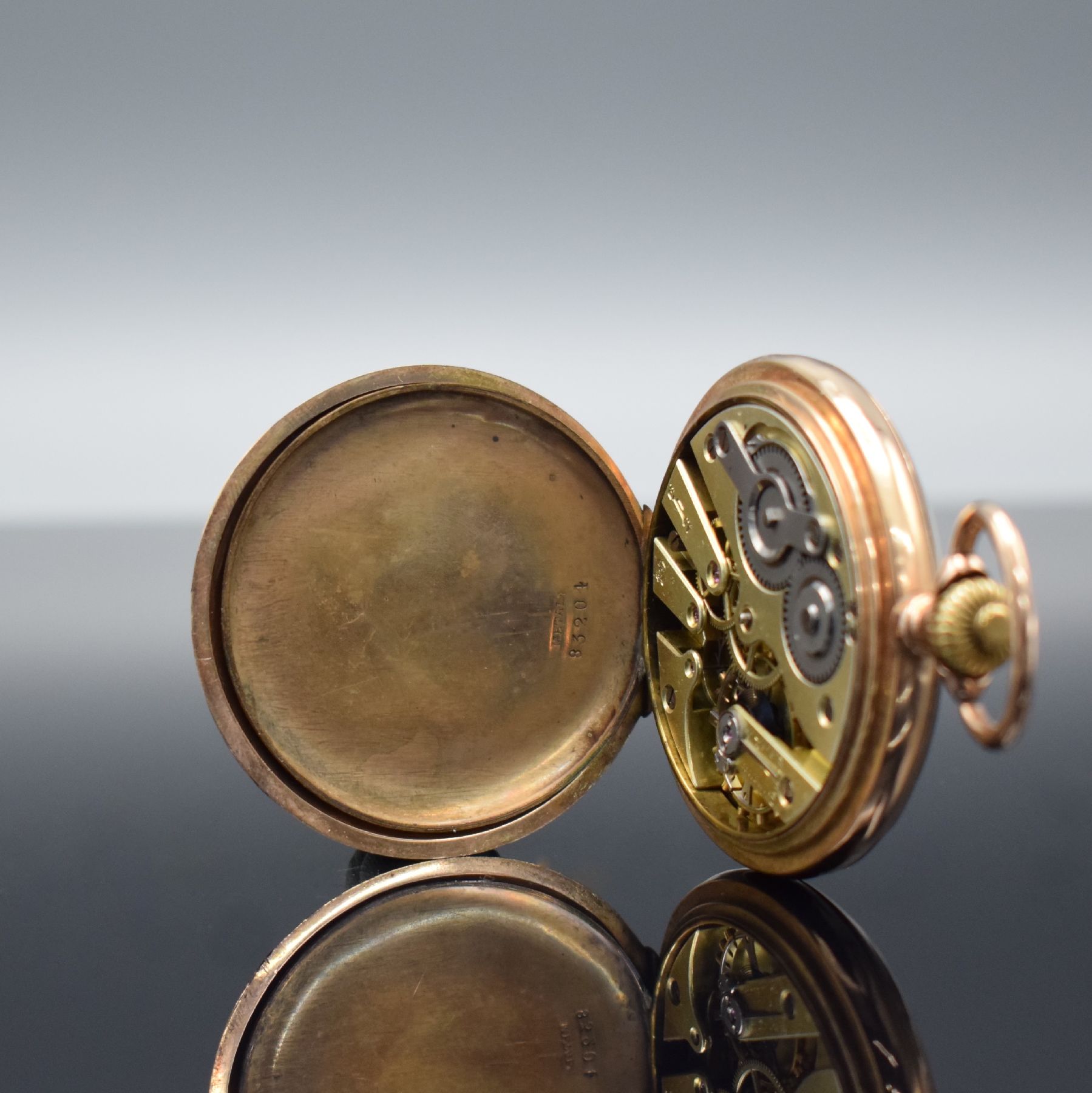 Detail g: MERMOD FRERES Taschenuhrwerk im neutralen RoseG 585/000 Gehäuse, Werk Schweiz um 1900, 2-Deckel Goldgeh. später, Emailzifferbl. m. röm. Zahlen, ...