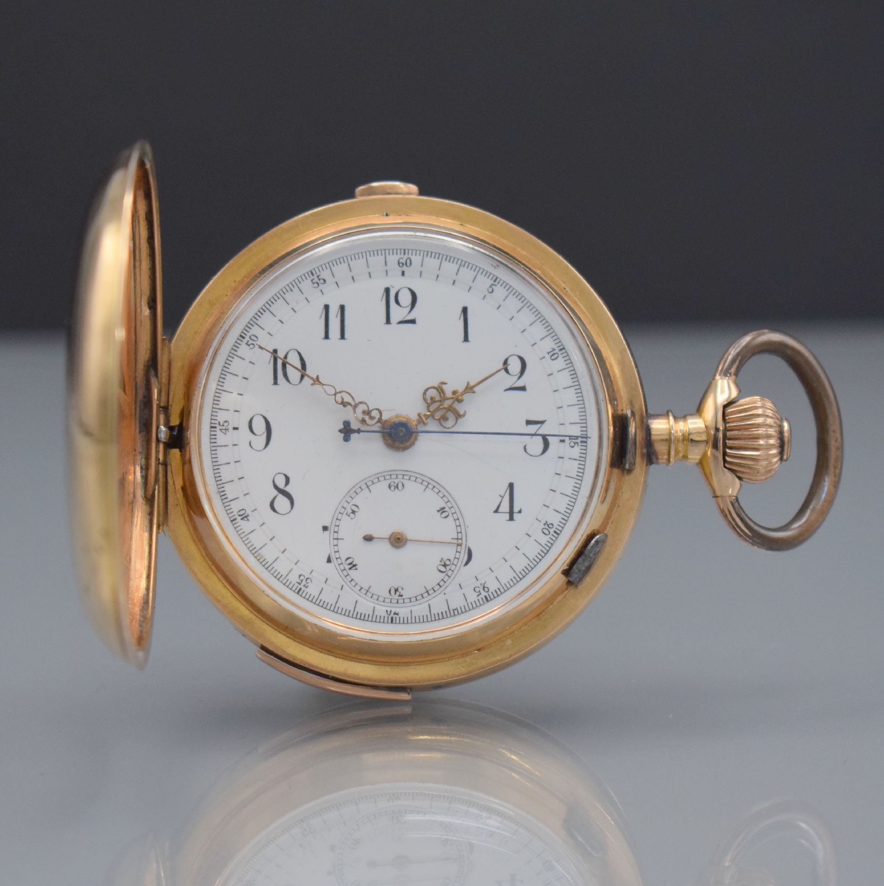 Savonette Herrentaschenuhr in RoseG 585/000 mit 1/4 Repetition & Chronographenfunktion, Schweiz um 1900, 3-Deckel Goldgeh. ber./dell., Emailzifferbl. ...
