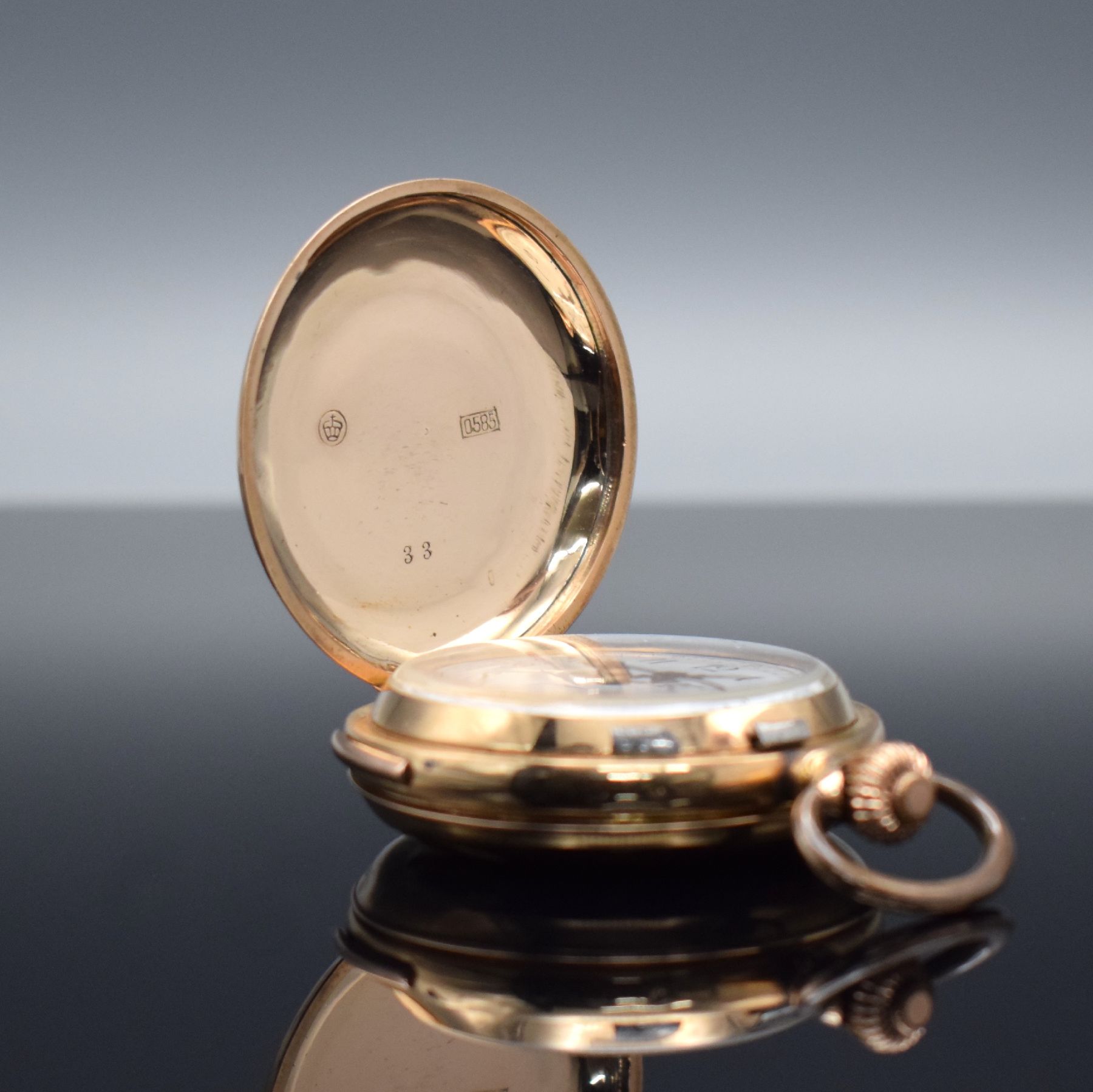 Detail a: Savonette Herrentaschenuhr in RoseG 585/000 mit 1/4 Repetition & Chronographenfunktion, Schweiz um 1900, 3-Deckel Goldgeh. ber./dell., Emailzifferbl. ...