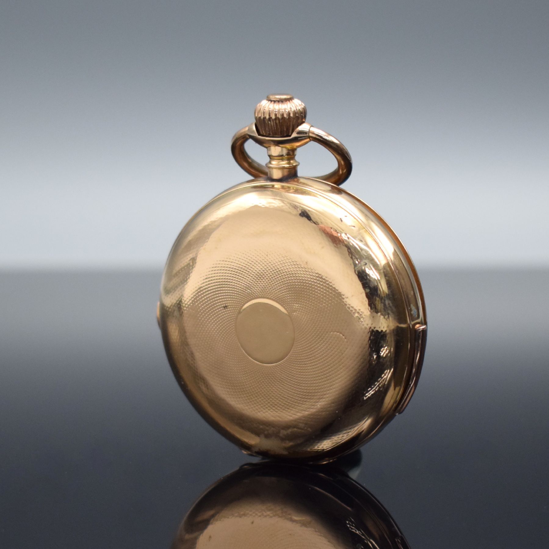 Detail b: Savonette Herrentaschenuhr in RoseG 585/000 mit 1/4 Repetition & Chronographenfunktion, Schweiz um 1900, 3-Deckel Goldgeh. ber./dell., Emailzifferbl. ...