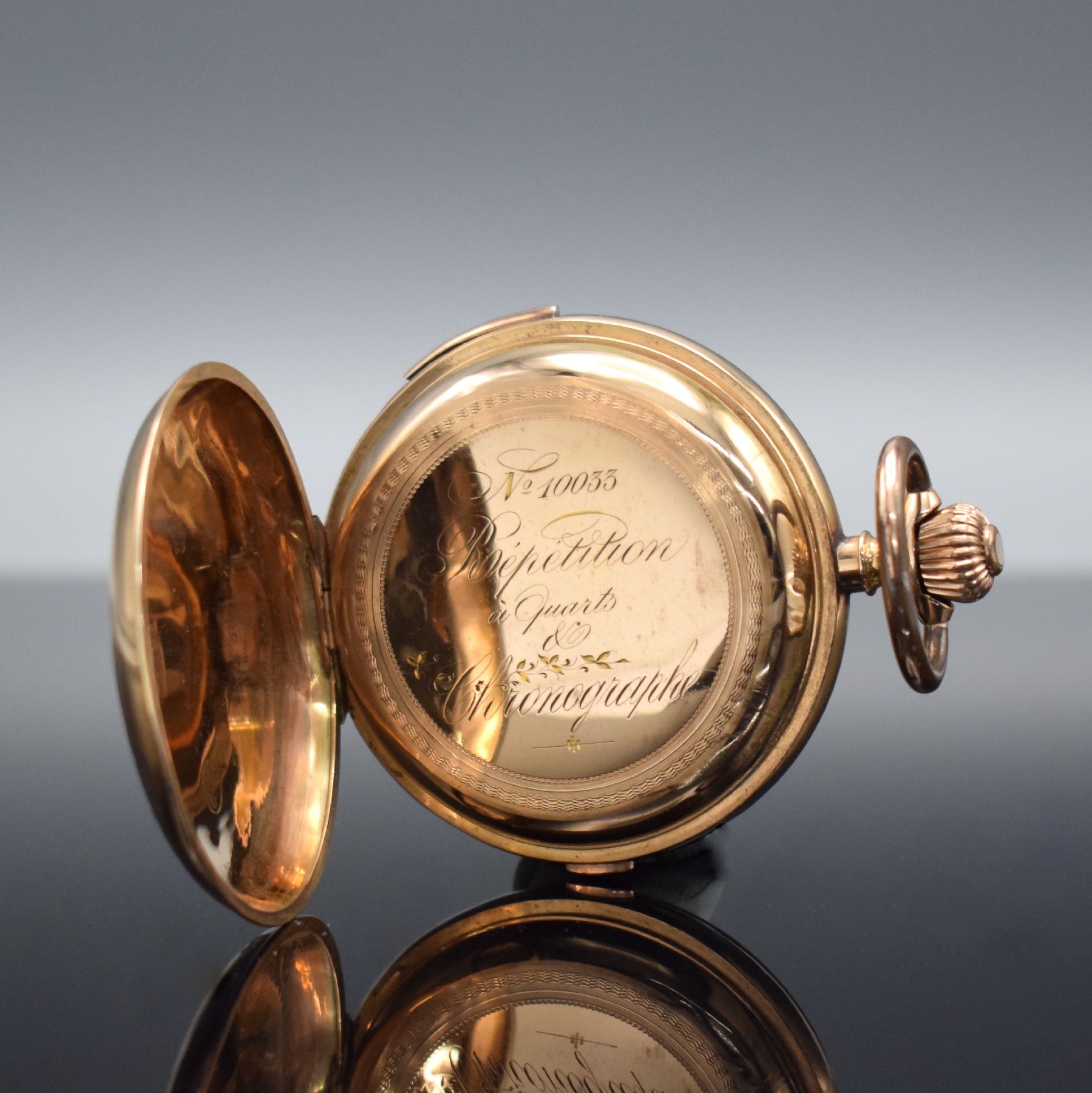 Detail e: Savonette Herrentaschenuhr in RoseG 585/000 mit 1/4 Repetition & Chronographenfunktion, Schweiz um 1900, 3-Deckel Goldgeh. ber./dell., Emailzifferbl. ...