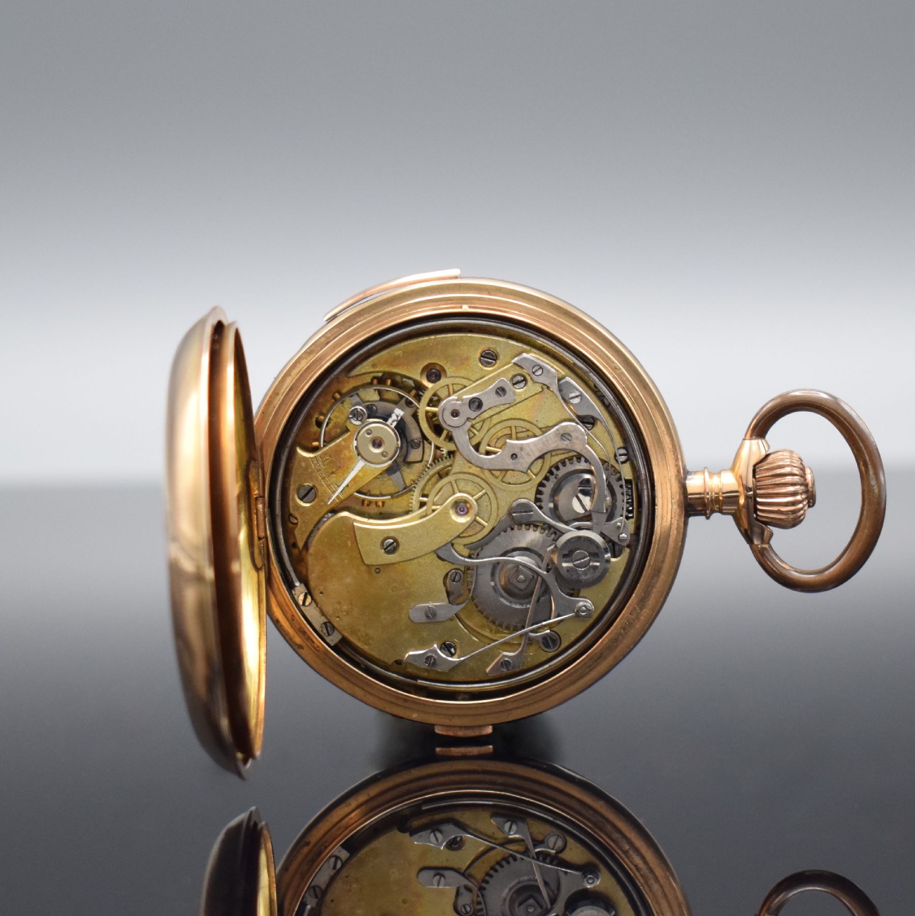 Detail g: Savonette Herrentaschenuhr in RoseG 585/000 mit 1/4 Repetition & Chronographenfunktion, Schweiz um 1900, 3-Deckel Goldgeh. ber./dell., Emailzifferbl. ...