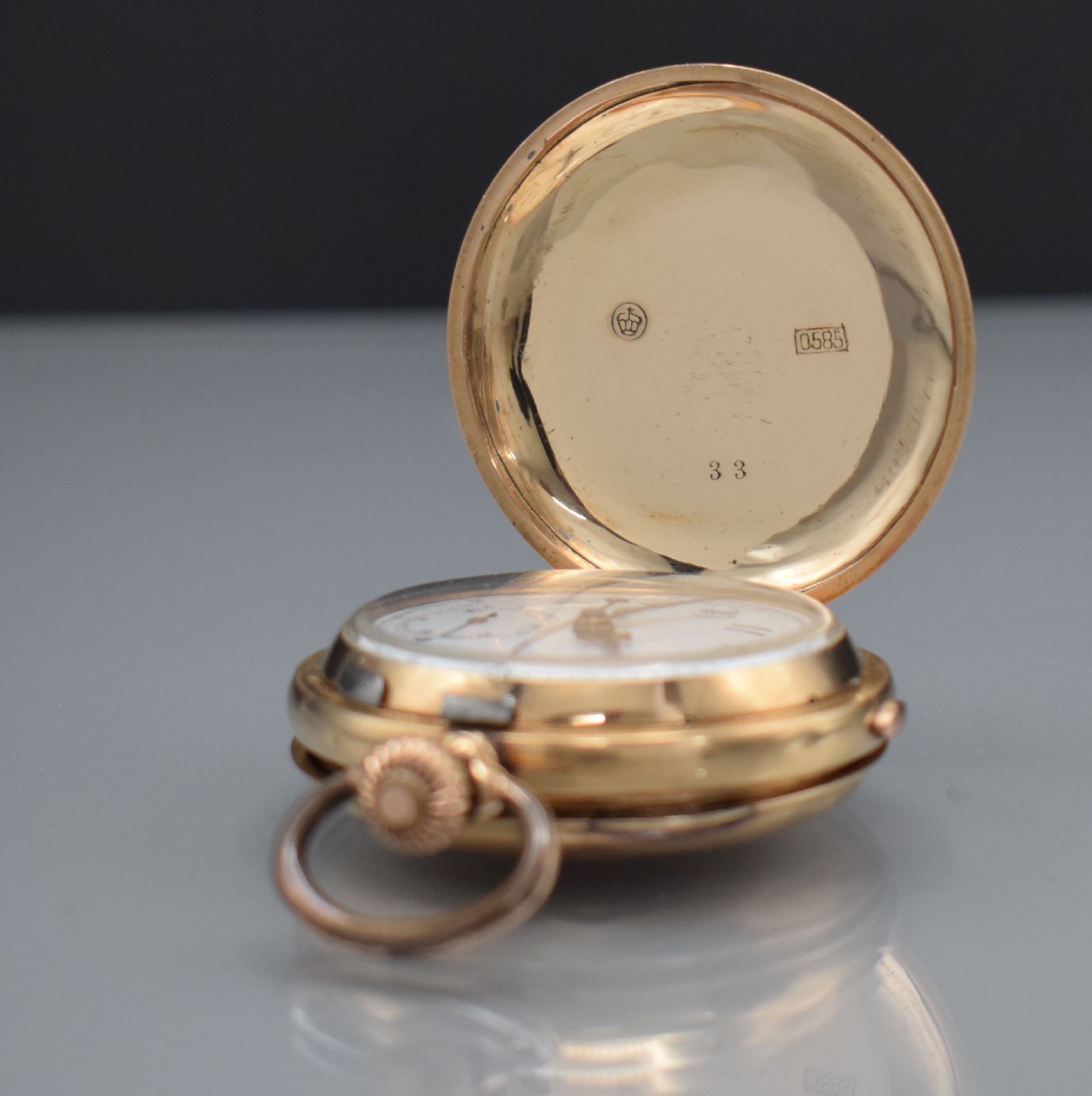 Detail h: Savonette Herrentaschenuhr in RoseG 585/000 mit 1/4 Repetition & Chronographenfunktion, Schweiz um 1900, 3-Deckel Goldgeh. ber./dell., Emailzifferbl. ...