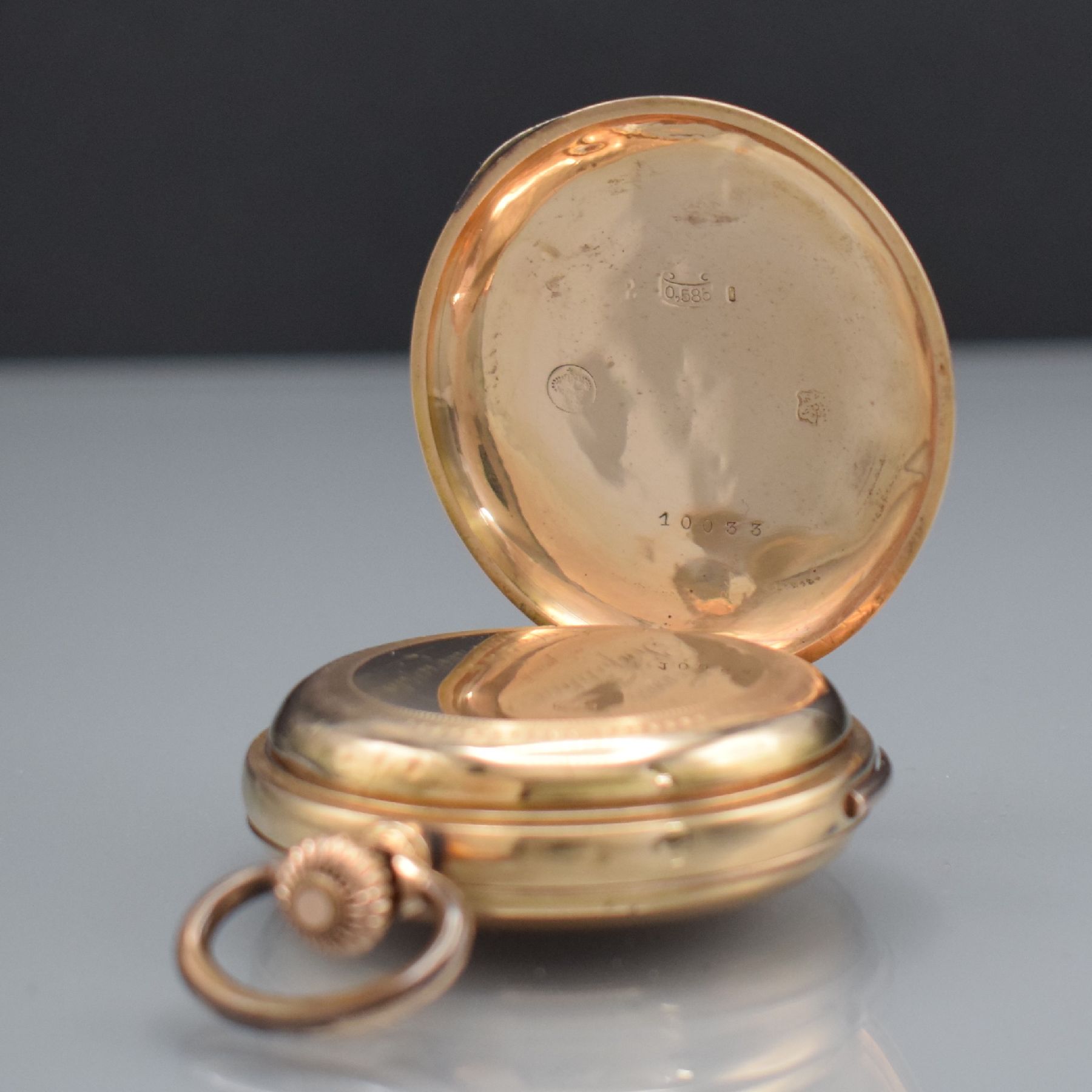 Detail j: Savonette Herrentaschenuhr in RoseG 585/000 mit 1/4 Repetition & Chronographenfunktion, Schweiz um 1900, 3-Deckel Goldgeh. ber./dell., Emailzifferbl. ...