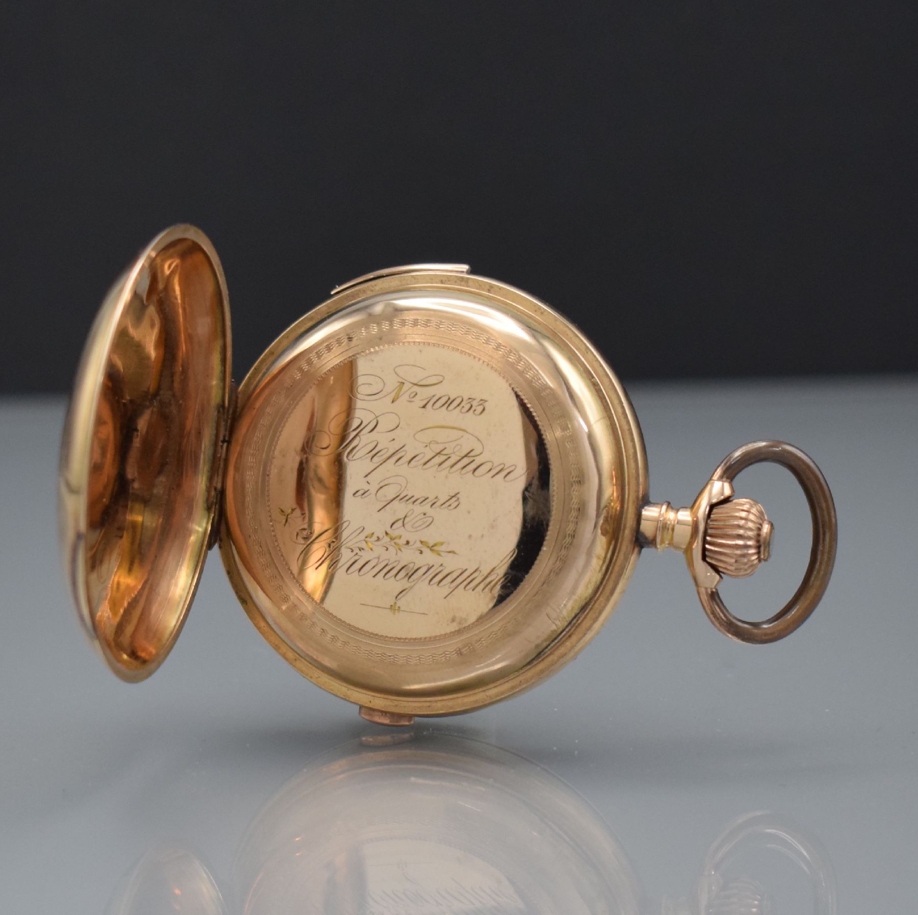 Detail k: Savonette Herrentaschenuhr in RoseG 585/000 mit 1/4 Repetition & Chronographenfunktion, Schweiz um 1900, 3-Deckel Goldgeh. ber./dell., Emailzifferbl. ...
