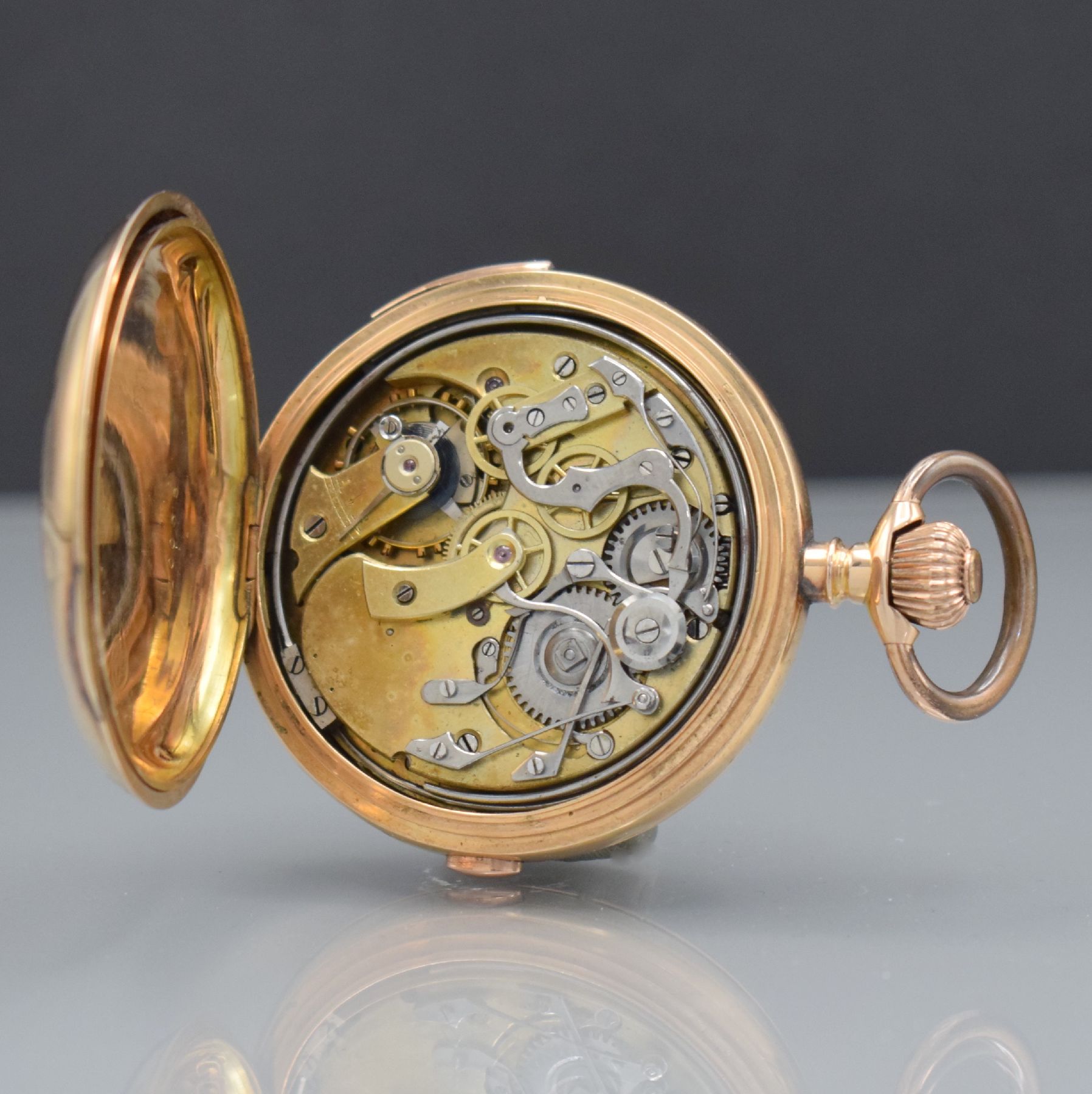Detail l: Savonette Herrentaschenuhr in RoseG 585/000 mit 1/4 Repetition & Chronographenfunktion, Schweiz um 1900, 3-Deckel Goldgeh. ber./dell., Emailzifferbl. ...