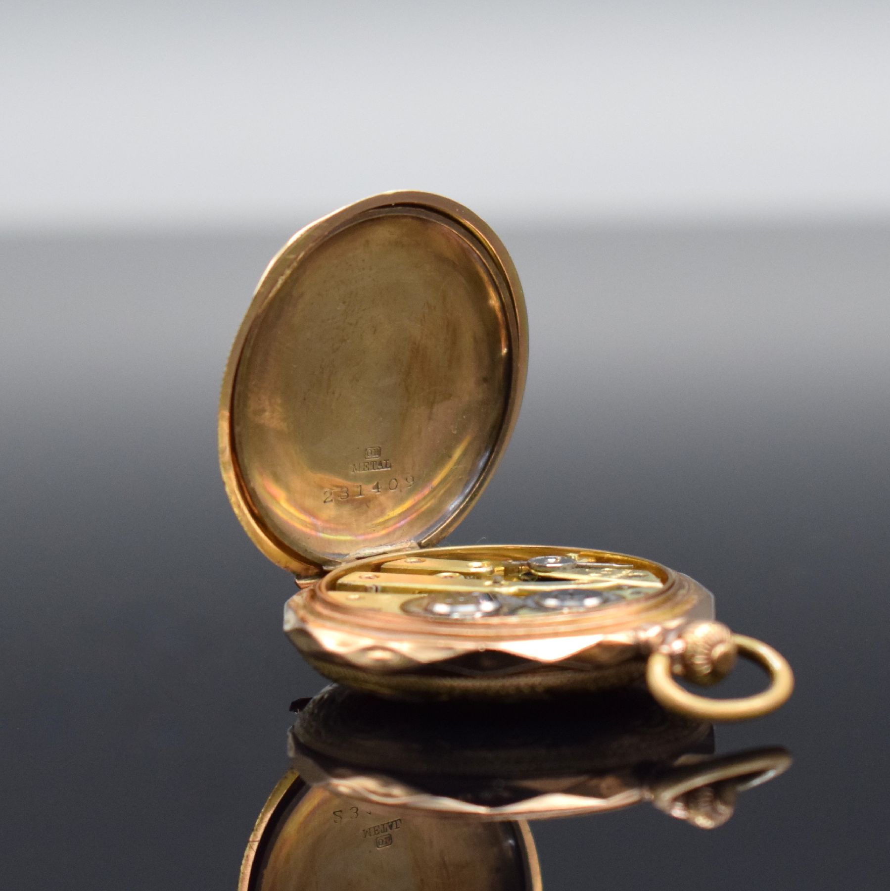 Detail f: MONOPOL / DÜRRSTEIN & Co. Damensavonette in RoseG 585/000, Schweiz um 1890, 2-Deckel Goldgeh., Emailzifferbl. m. arab. Zahlen, gold. Zeiger, verg. ...