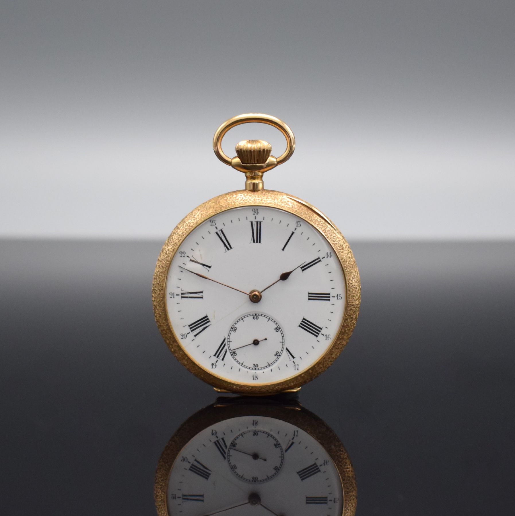 FRAM offene Herrentaschenuhr in RoseG 750/000, Schweiz um 1900, 2-Deckel Goldgeh., rücks. aufw. floral grav., Emailzifferbl. m. röm. Zahlen & arab. ...
