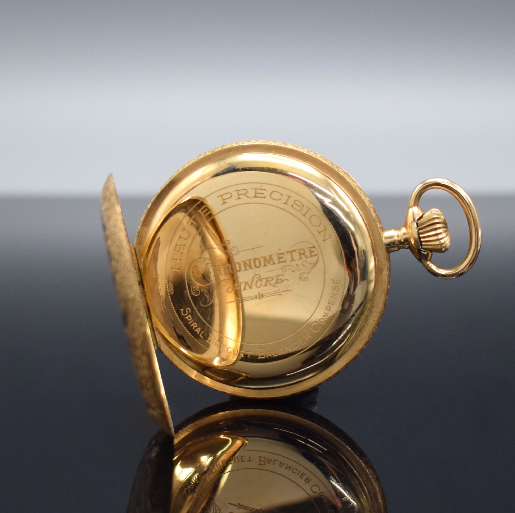 Detail c: FRAM offene Herrentaschenuhr in RoseG 750/000, Schweiz um 1900, 2-Deckel Goldgeh., rücks. aufw. floral grav., Emailzifferbl. m. röm. Zahlen & arab. ...