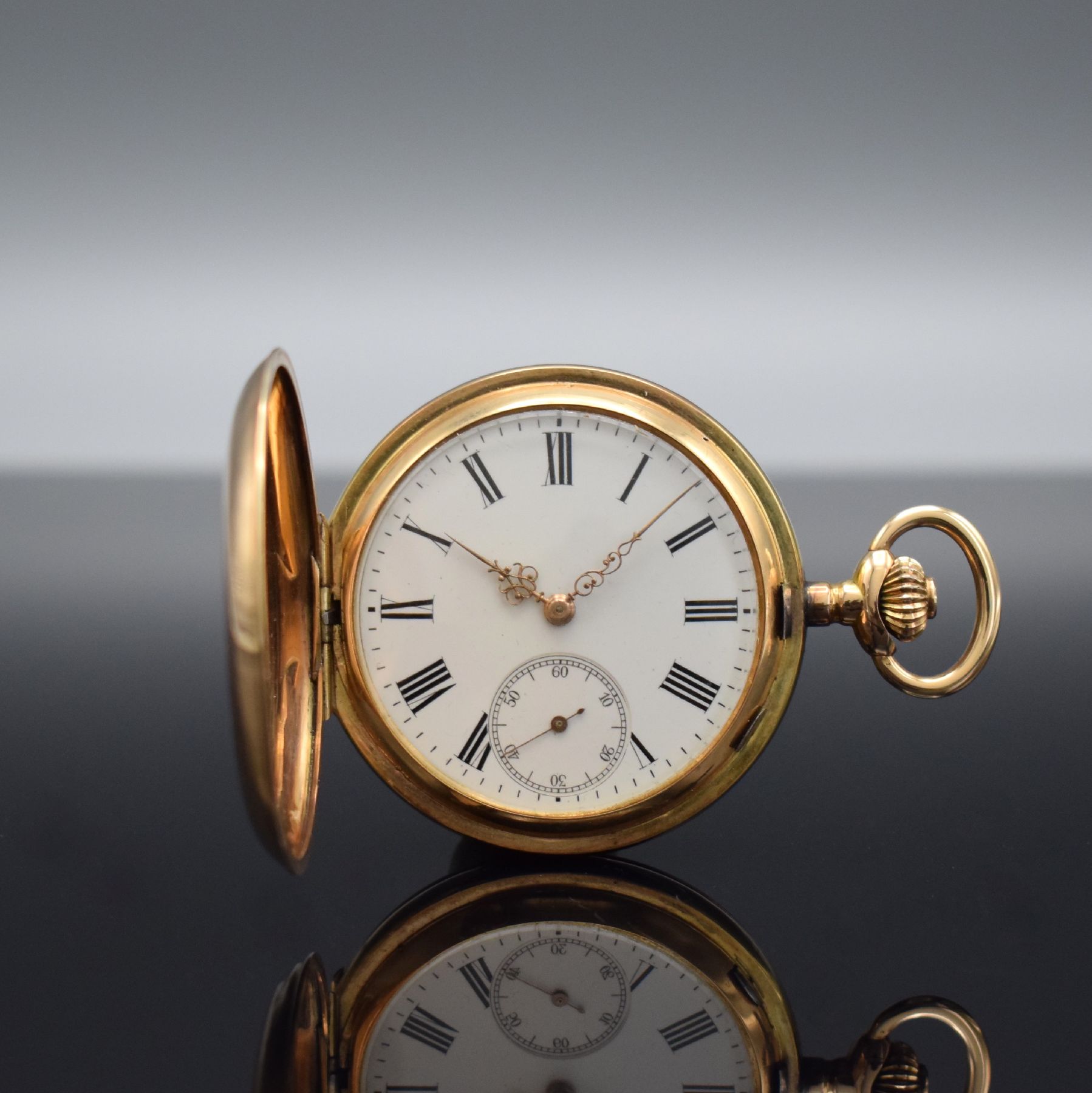 SYSTEME GLASHÜTTE Savonette in RoseG 585/000, Schweiz um 1900, 2-Deckel Goldgeh.,Emailzifferbl. m. röm. Zahlen, gold. Zeiger, 3/4-plat. Ankerwerk ...
