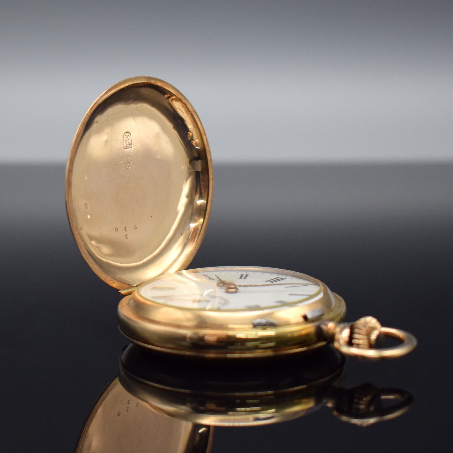 Detail a: SYSTEME GLASHÜTTE Savonette in RoseG 585/000, Schweiz um 1900, 2-Deckel Goldgeh.,Emailzifferbl. m. röm. Zahlen, gold. Zeiger, 3/4-plat. Ankerwerk ...