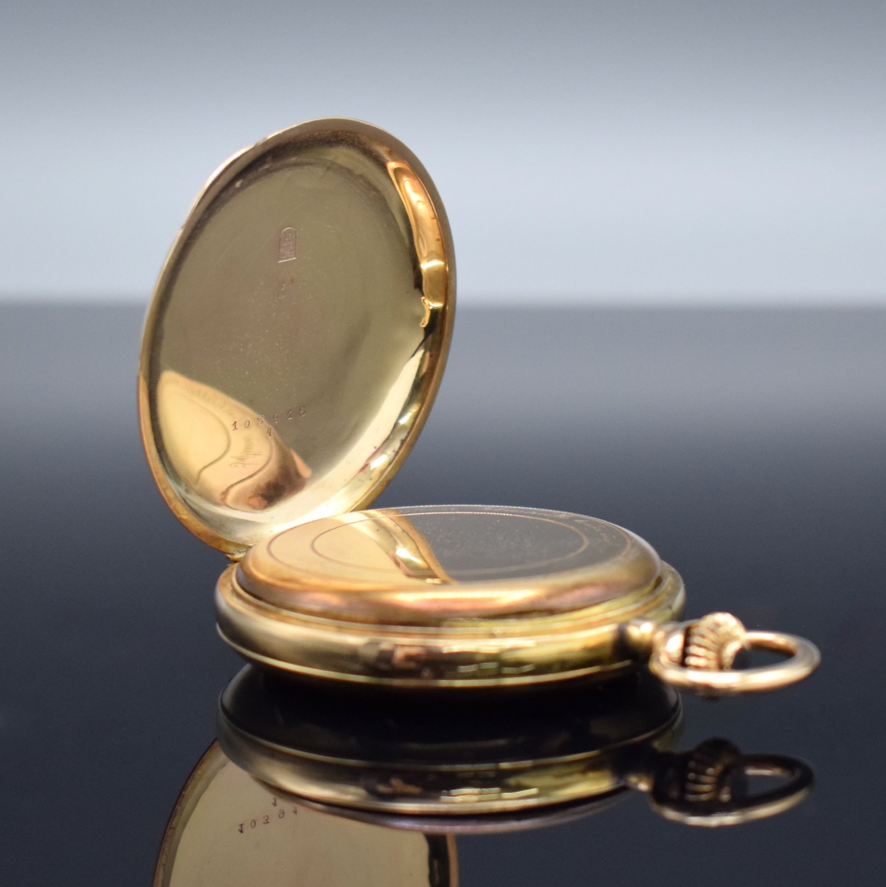 Detail d: SYSTEME GLASHÜTTE Savonette in RoseG 585/000, Schweiz um 1900, 2-Deckel Goldgeh.,Emailzifferbl. m. röm. Zahlen, gold. Zeiger, 3/4-plat. Ankerwerk ...
