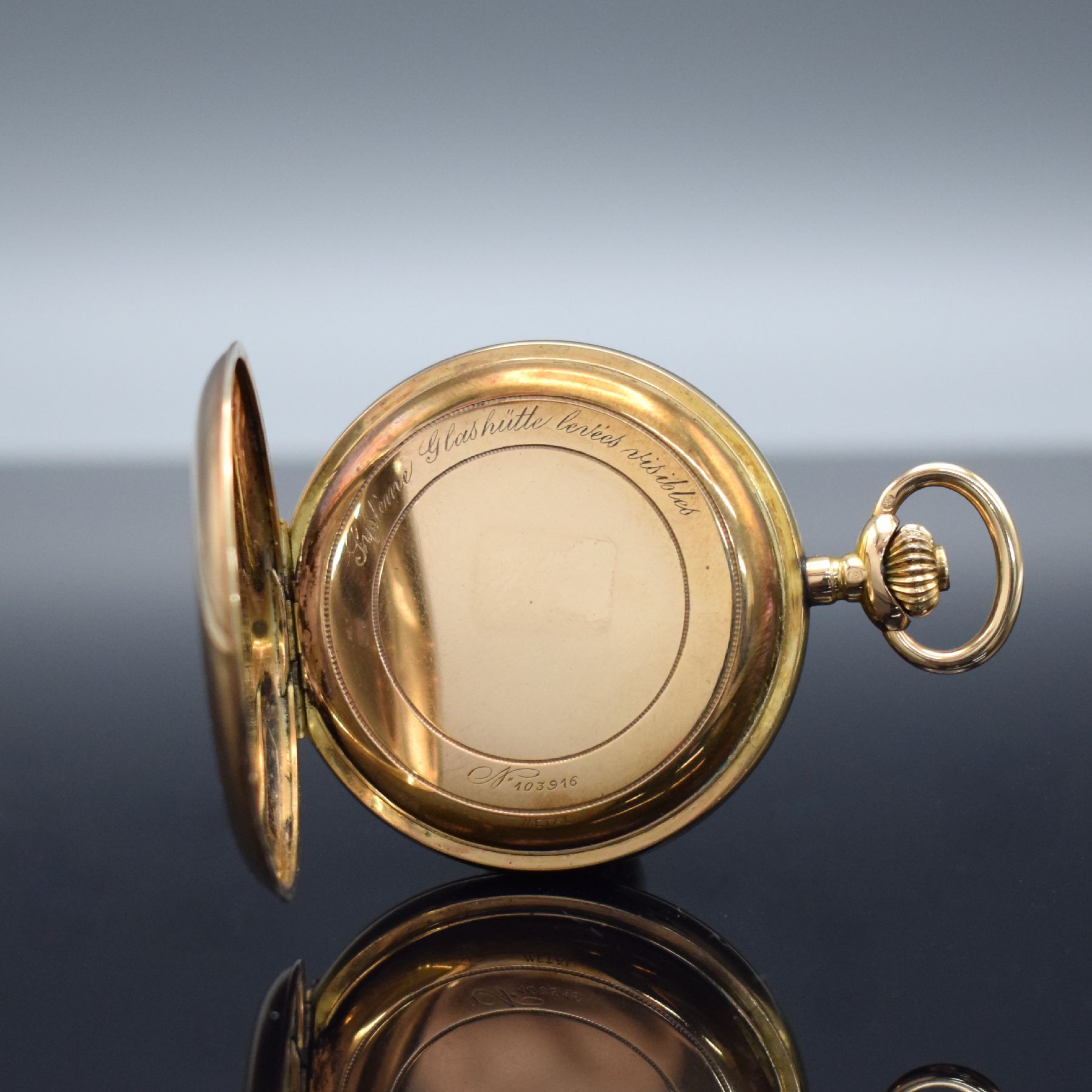 Detail e: SYSTEME GLASHÜTTE Savonette in RoseG 585/000, Schweiz um 1900, 2-Deckel Goldgeh.,Emailzifferbl. m. röm. Zahlen, gold. Zeiger, 3/4-plat. Ankerwerk ...
