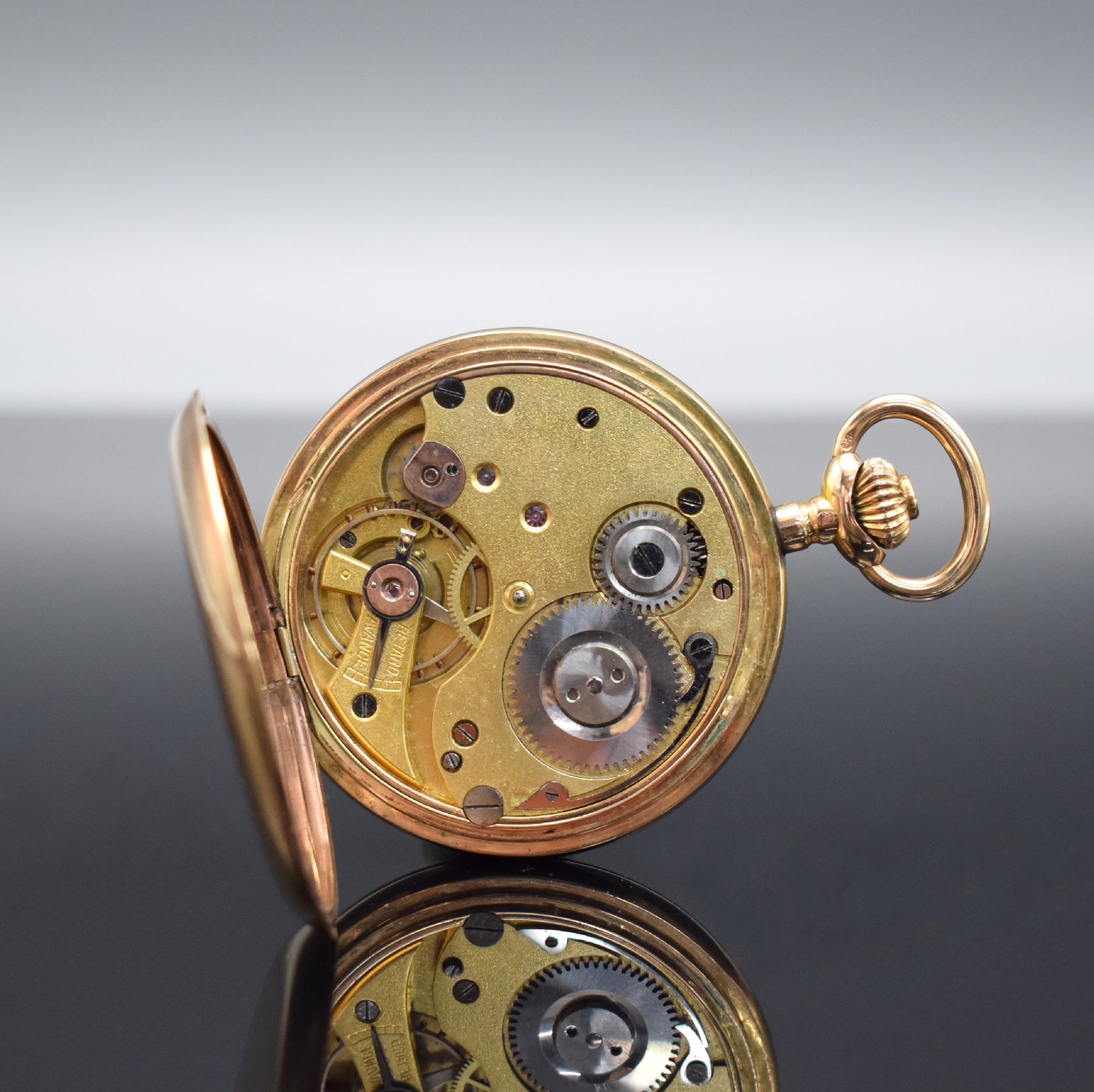 Detail g: SYSTEME GLASHÜTTE Savonette in RoseG 585/000, Schweiz um 1900, 2-Deckel Goldgeh.,Emailzifferbl. m. röm. Zahlen, gold. Zeiger, 3/4-plat. Ankerwerk ...