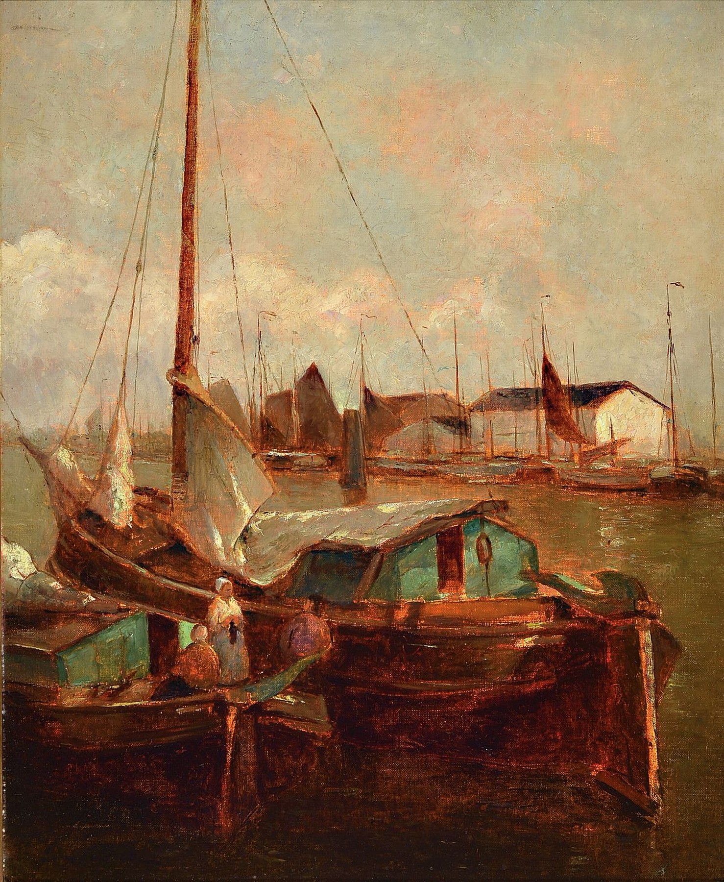 German Grobe, 1857 - 1938, Hafenansicht mit Personen, Öl/Lwd, li. unten signiert, 60 x 50 cm, Prunkrahmen ca. 80 x 70 cm