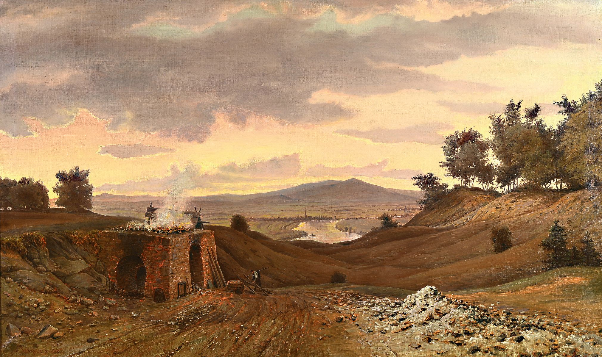 Friedrich, Eugen Peipers, 1805 Stollberg bei Aachen - 1885 Frankfurt am Main, hier Landschaftsmalerei, Bau einer Straße seitlich wohl mit ...