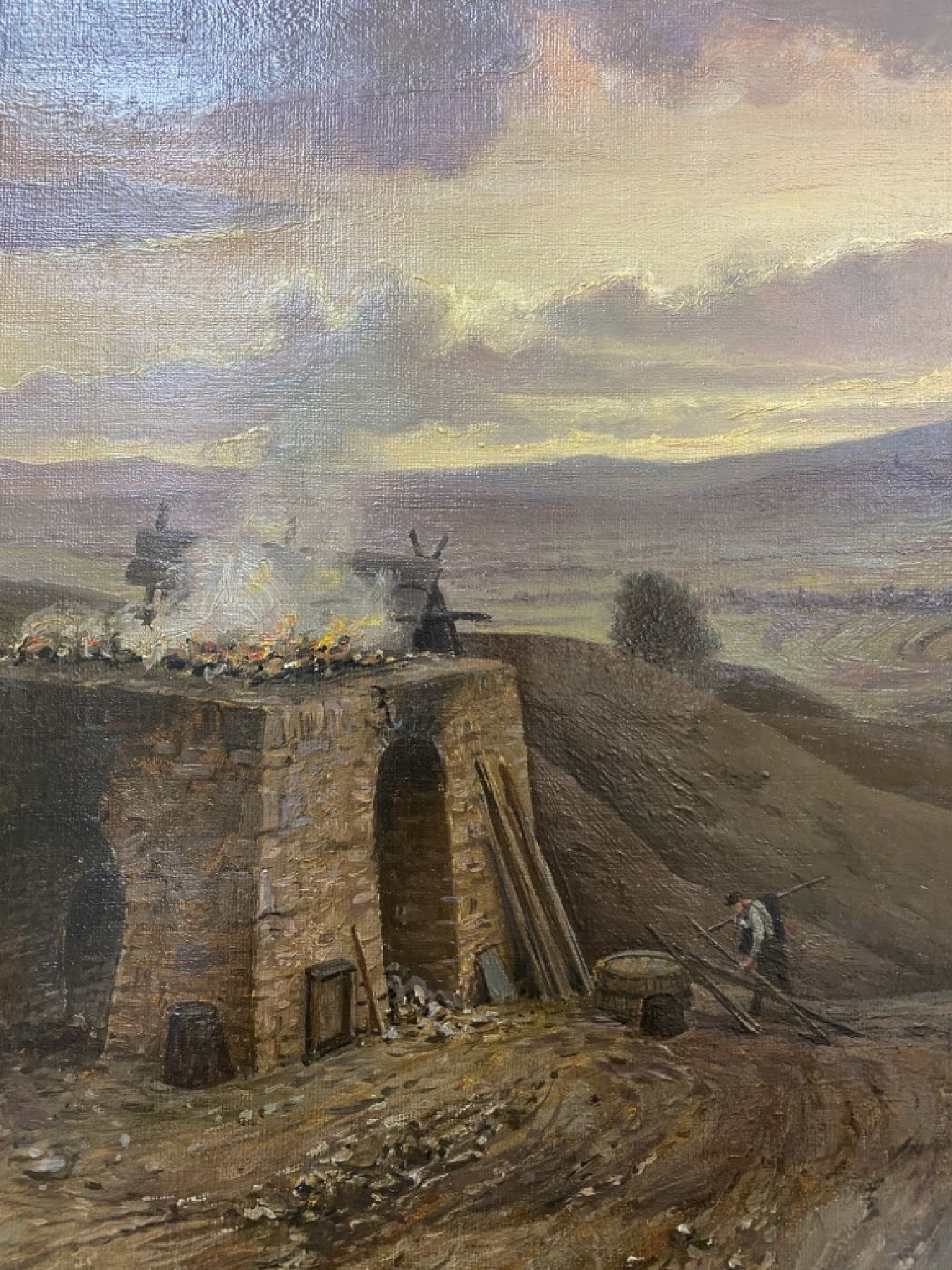 Detail c: Friedrich, Eugen Peipers, 1805 Stollberg bei Aachen - 1885 Frankfurt am Main, hier Landschaftsmalerei, Bau einer Straße seitlich wohl mit ...
