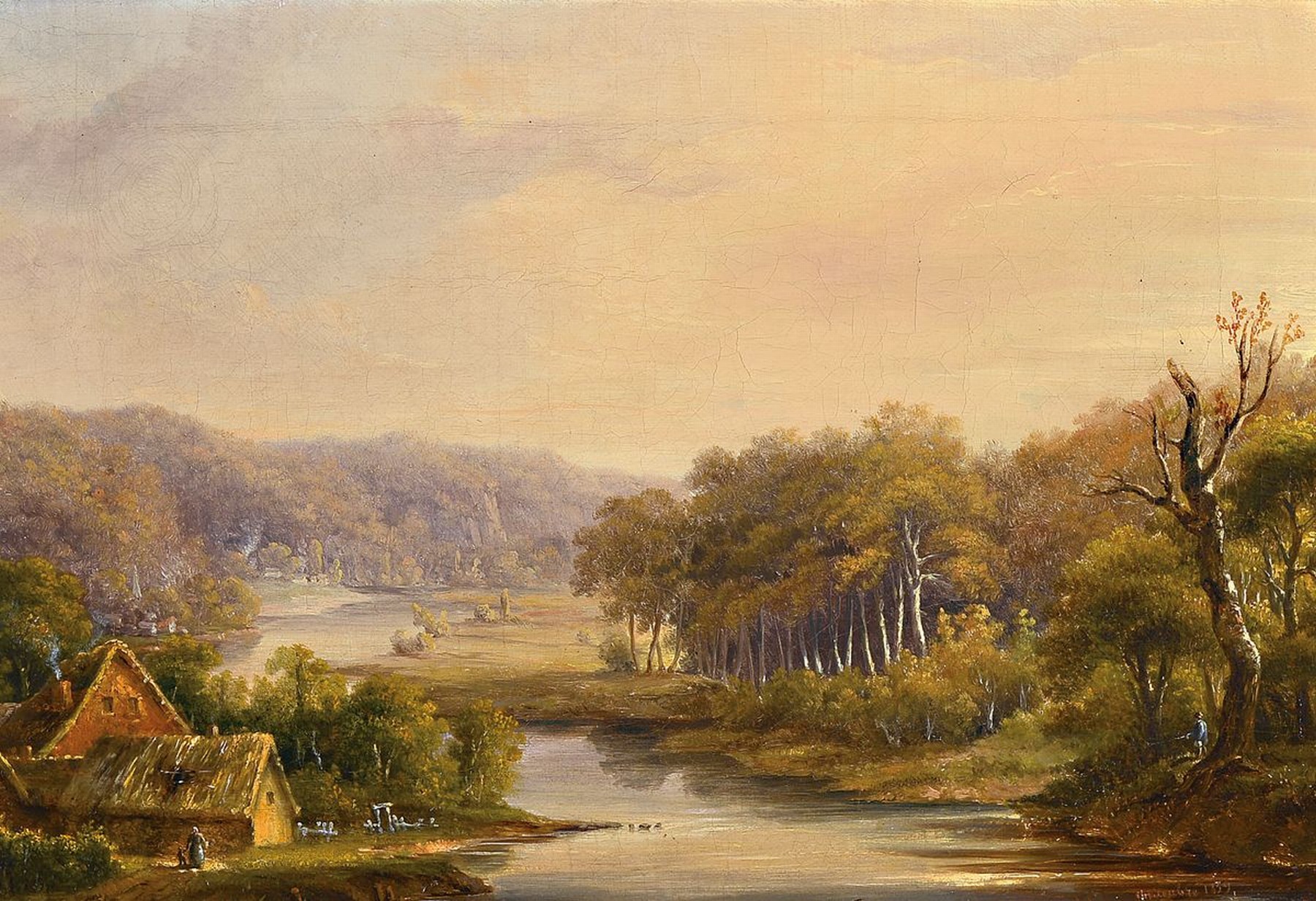 Spätromantiker, datiert 1859, Flußlandschaft in der Dämmerung, Öl/Lwd, re. unten unleserlich signiert, krakeliert, ca. 25 x 36 cm, Rahmen: 37.5 x ...