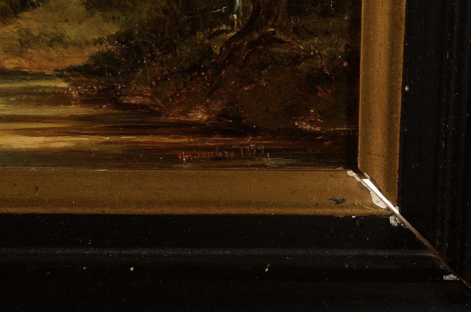 Detail a: Spätromantiker, datiert 1859, Flußlandschaft in der Dämmerung, Öl/Lwd, re. unten unleserlich signiert, krakeliert, ca. 25 x 36 cm, Rahmen: 37.5 x ...