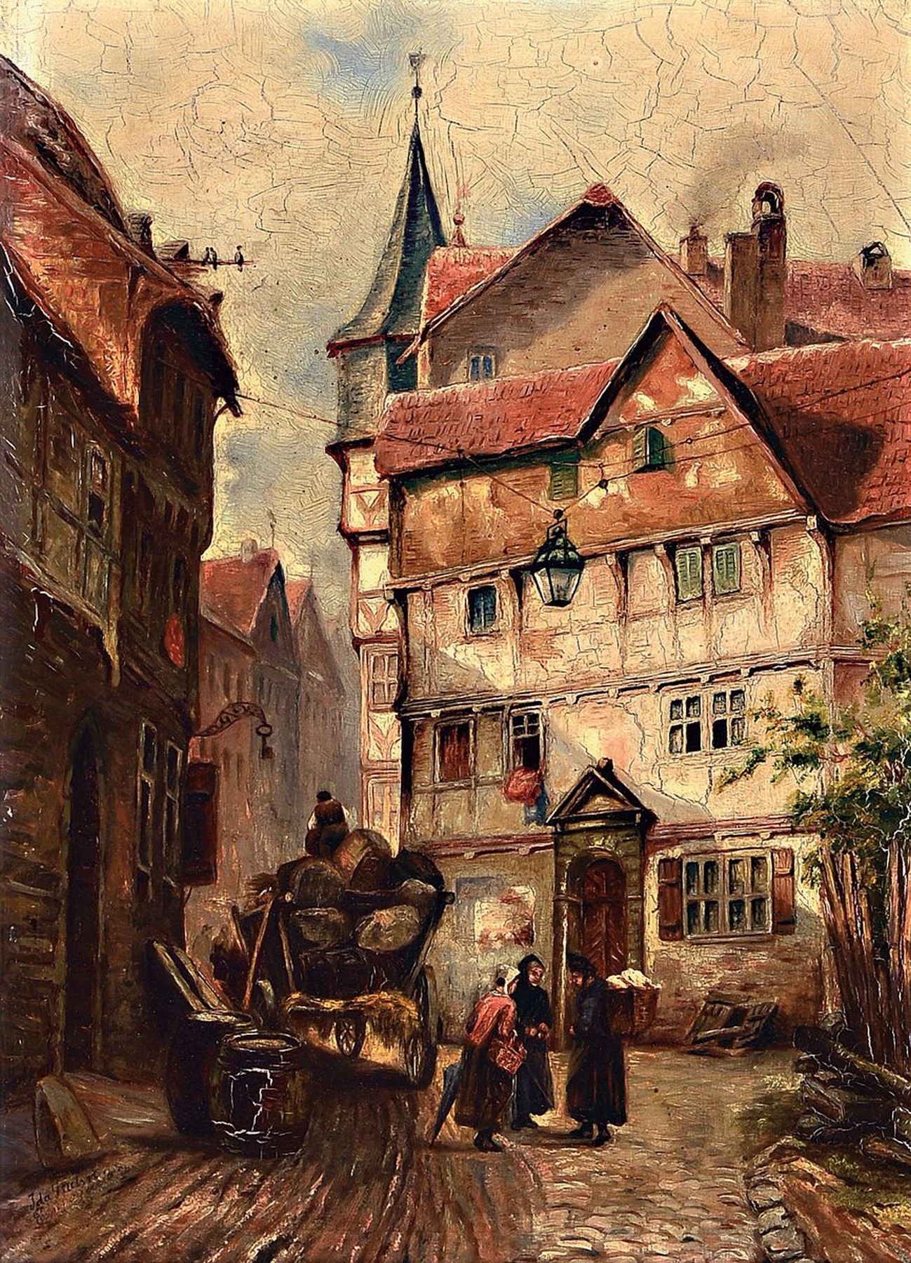 Ida Hahn, dat. 97, Stadtansicht mit Personen, Öl/Mahagoni, signiert und dat., ca. 35.5 x 25.5 cm, krakeliert, breiter Holzrahmen, ca. 57 x 47 cm